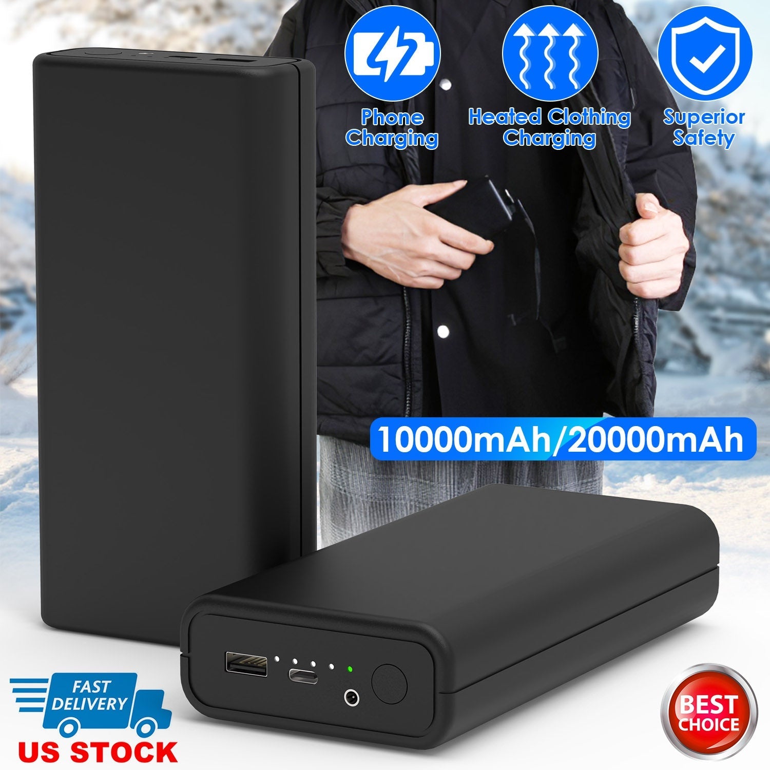 20000mAh 5V 2A Power Bank for Heated Jackets Vests Pants Gloves Scarves DC 7.4V 2A Heated Clothing Replacement Battery Pack for Men Women - OVERLANDERS Outfitter