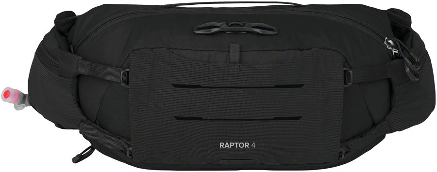 Osprey Raptor 4 black hydration lumbar pack, designed for outdoor activities with adjustable straps and multiple pockets.