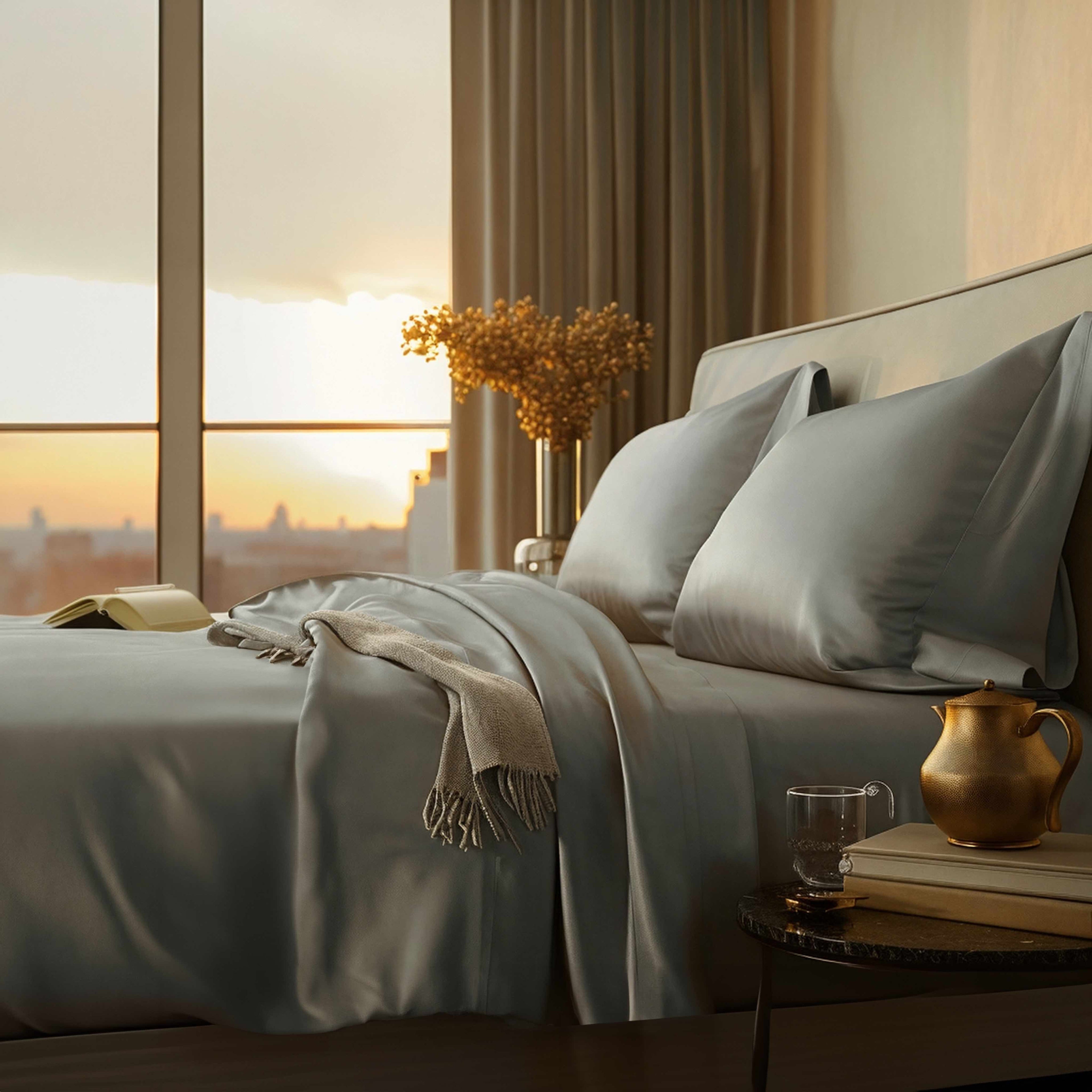Elegant Luxe Australian Sateen Duvet Cover by Italic shown in a cozy bedroom setting with smooth, shiny sateen fabric and neutral tones.
