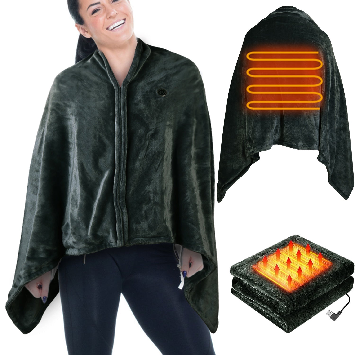 USB Heated Blanket Electric Heated Blanket Heated Poncho Shawl Wrap Throw with Zipper Washable for Home Office 59*31in - OVERLANDERS Outfitter