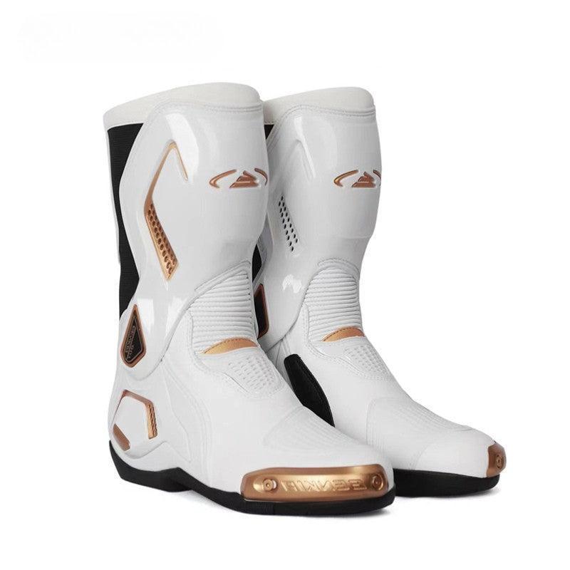 BENKIA™ Titanium Alloy Motorcycle Riding Boots by Bean's Moto Booth, black leather boots with protective titanium alloy accents.