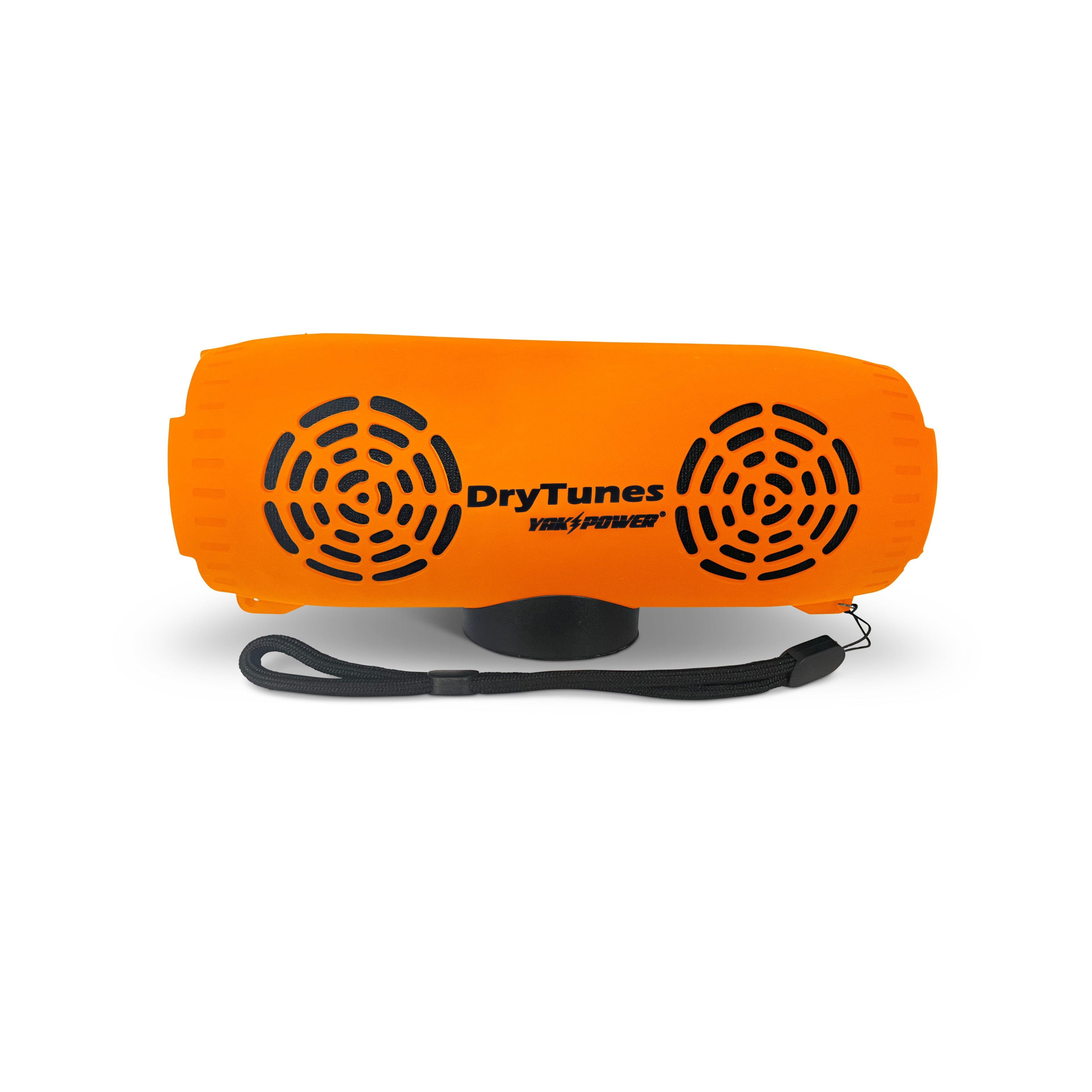 Yak Power Drytunes portable waterproof Bluetooth speaker floating in water, compact outdoor speaker for swimming and beach use.