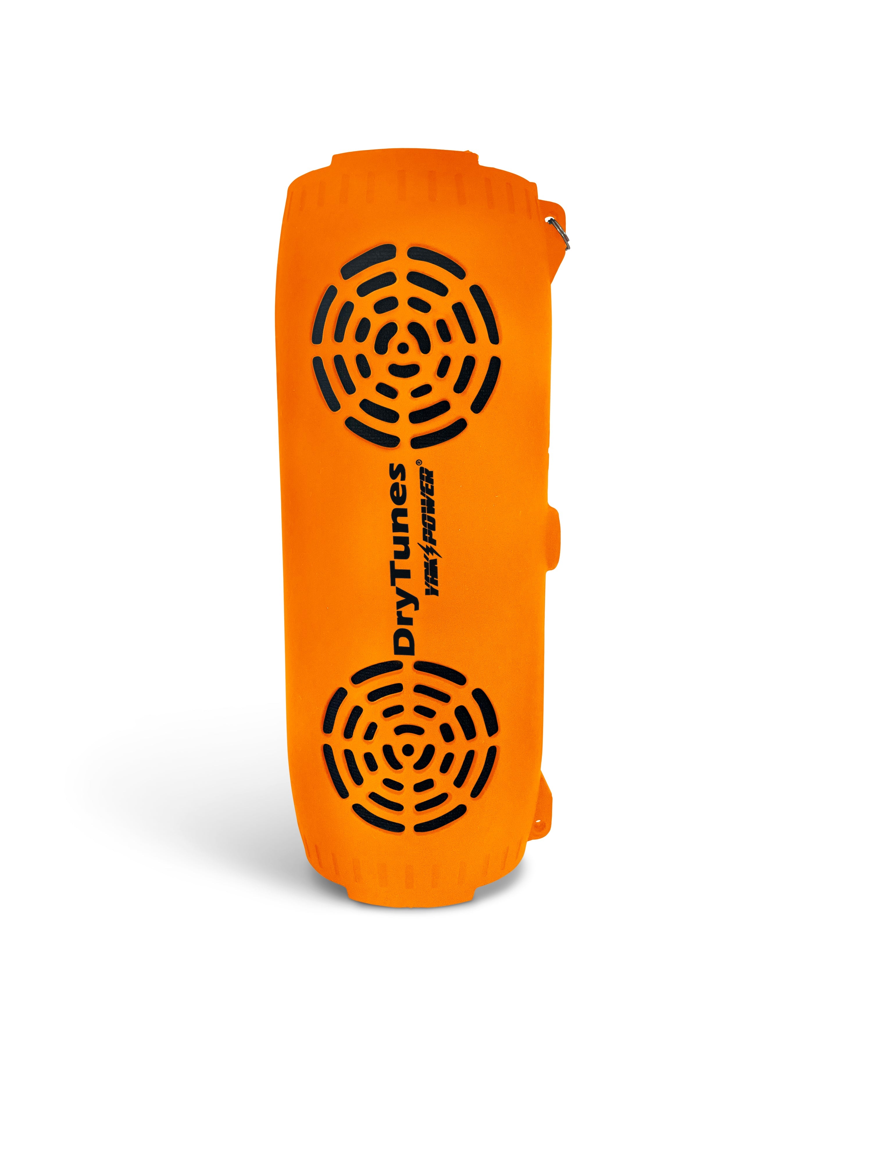 Yak Power Drytunes portable waterproof floating Bluetooth speaker shown on a poolside surface with water background.