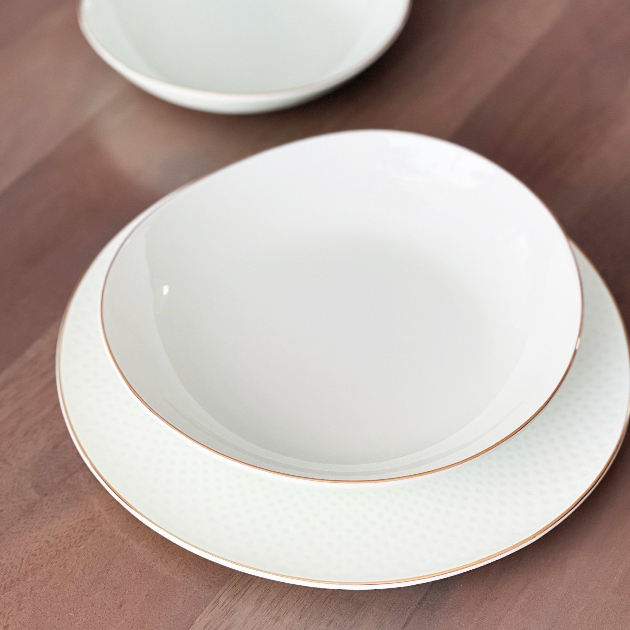 Camille Bone China Dinnerware Set - White/Pistachio - OVERLANDERS Outfitter