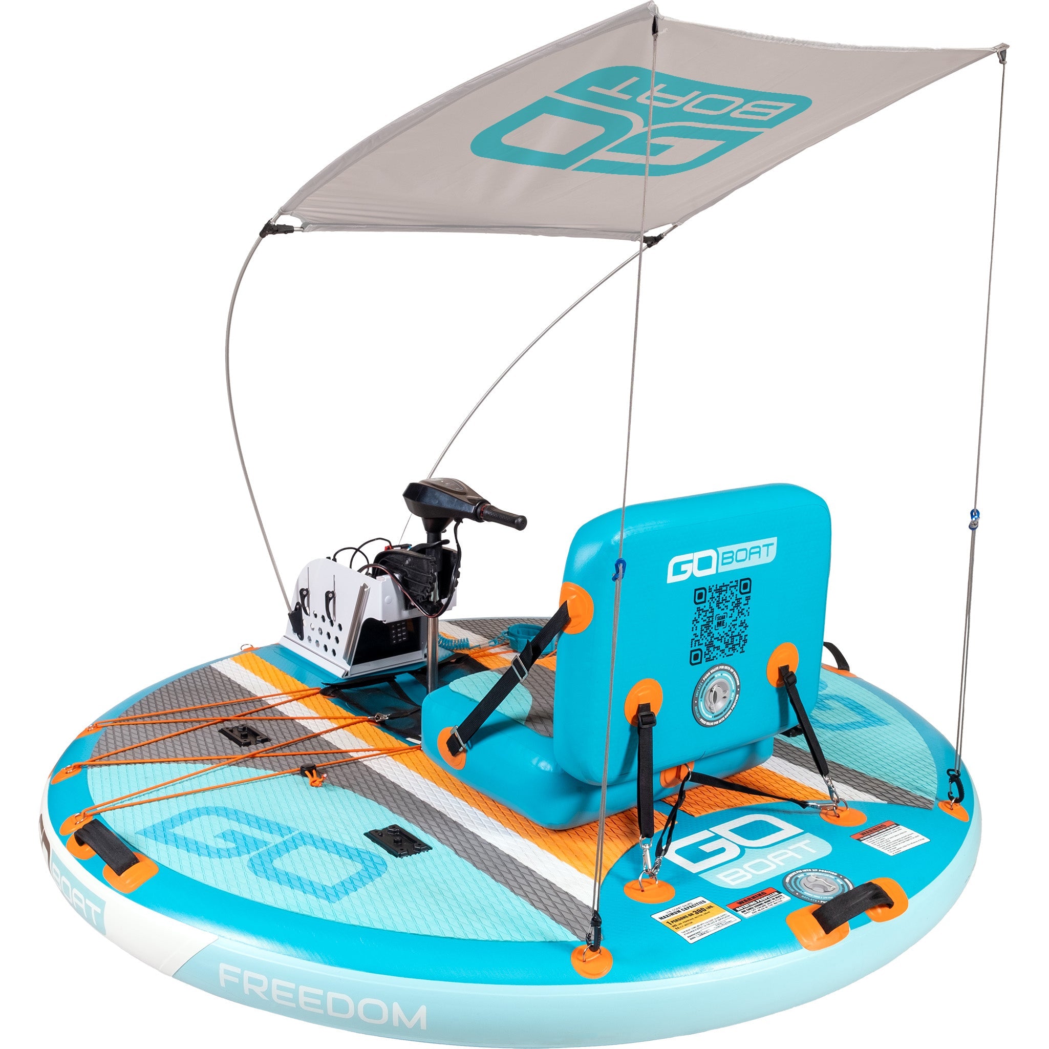Aqua-colored GoBoat Canopy providing shade and protection, installed on a small boat with a clear sky in the background.