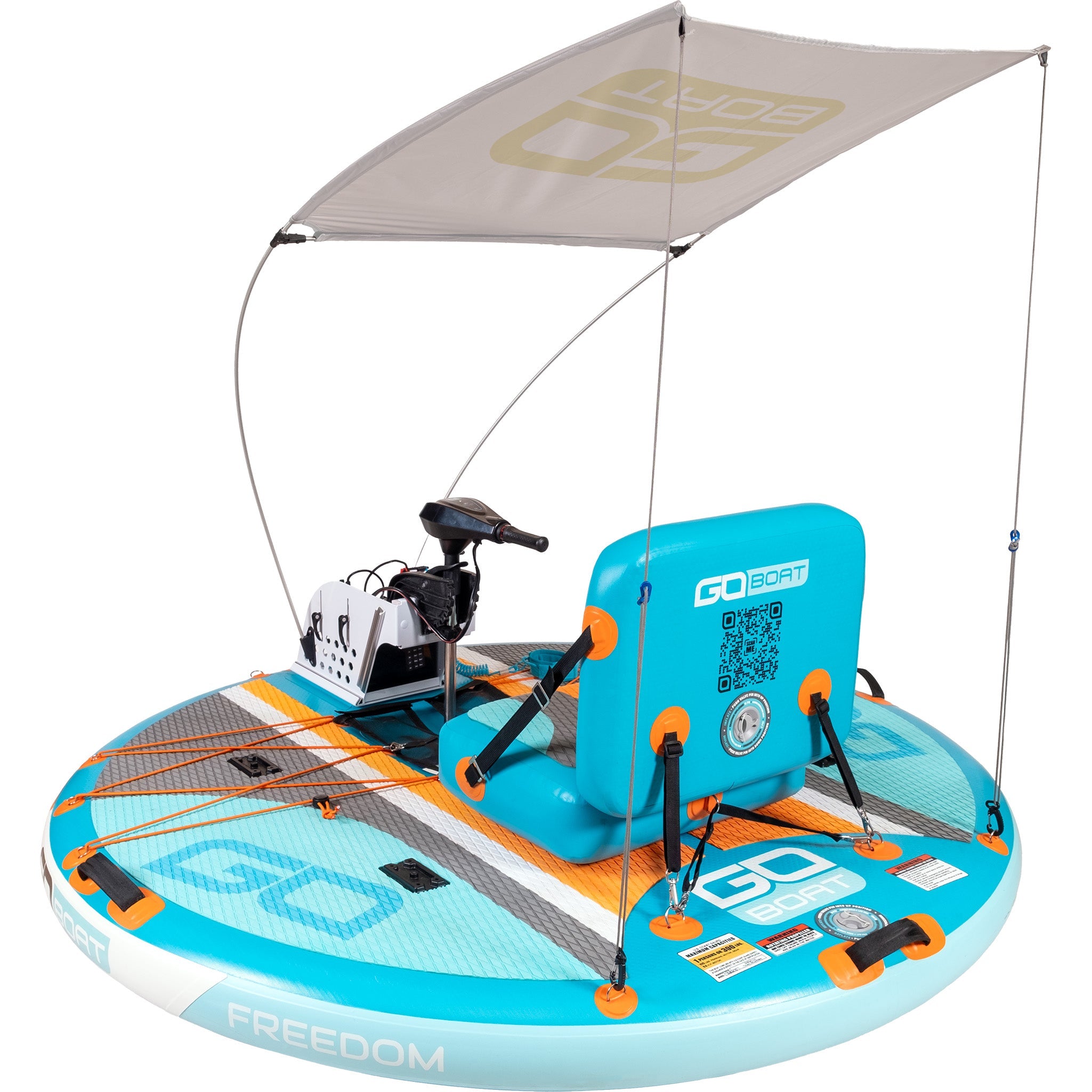 Gold canopy for GoBoat, providing shade and protection, shown installed on the back of the boat in the image.