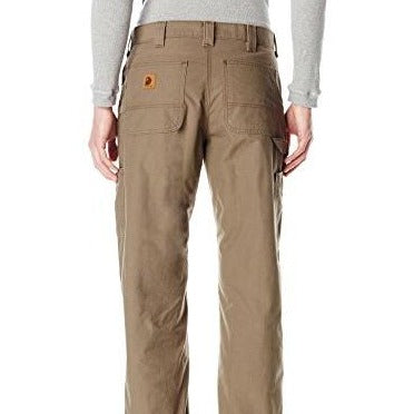 Brown Carhartt men's jeans featuring a thin fit and durable canvas material, ideal for work and outdoor activities.
