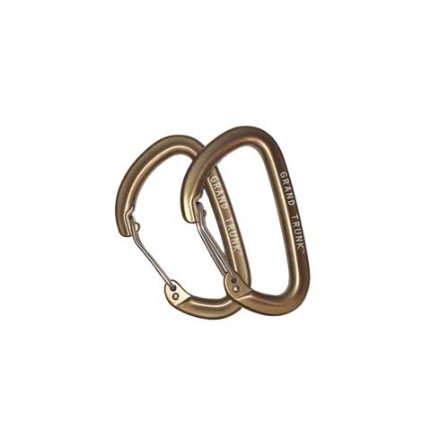 Pair of gold aluminum wiregate carabiners from GrandTrunk for outdoor gear and climbing accessories.
