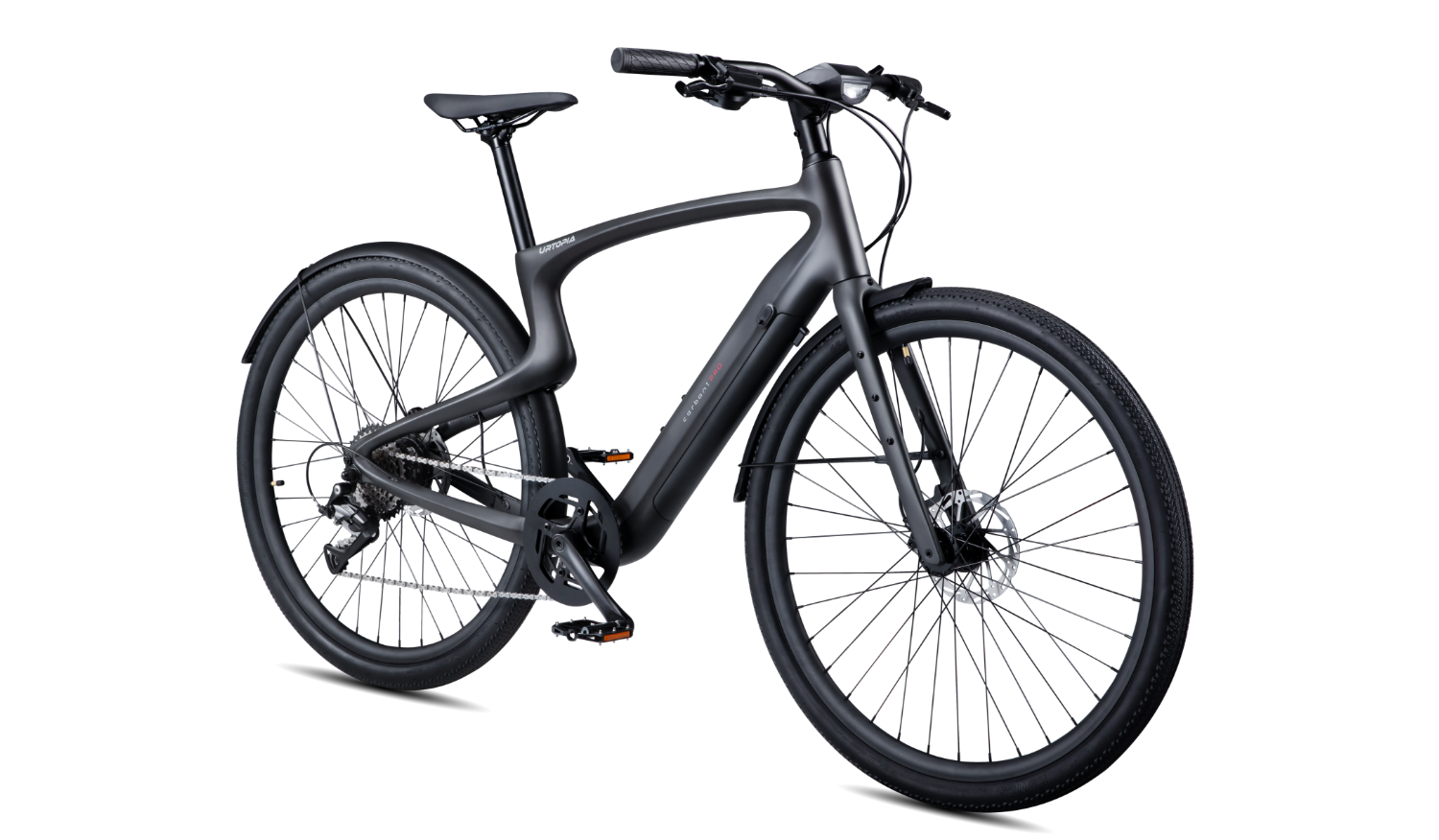 Rex E-Bikes Urtopia CARBON 1 PRO e-bike with sleek carbon frame and modern design, front view showing handlebar and wheels.