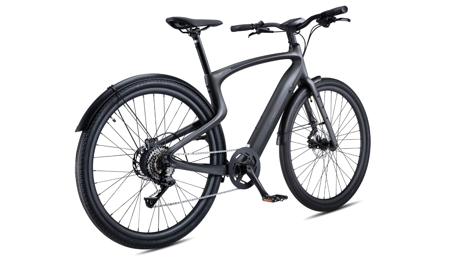 Rex E-Bikes Urtopia CARBON 1 PRO e-bike with sleek black carbon frame and modern design, ready for urban riding.