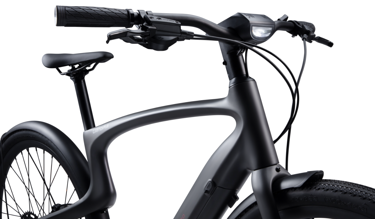 Rex E-Bikes Urtopia CARBON 1 PRO E-Bike with black frame, sleek design, and modern handlebars, ready for urban riding.
