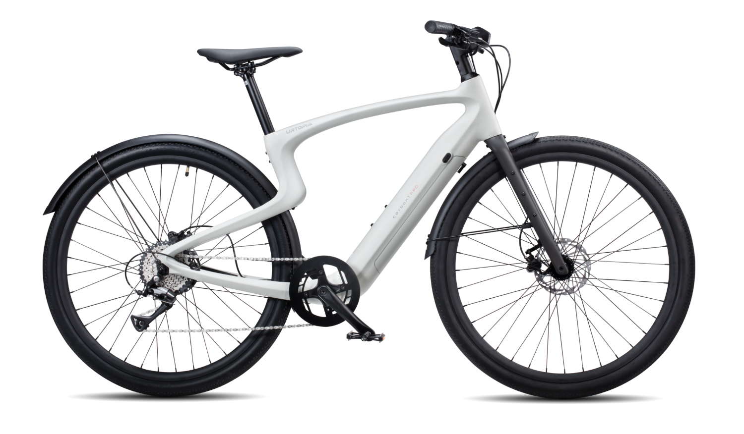 Rex E-Bikes Urtopia CARBON 1 PRO e-bike with sleek white frame, carbon fiber details, and modern design for urban riding.