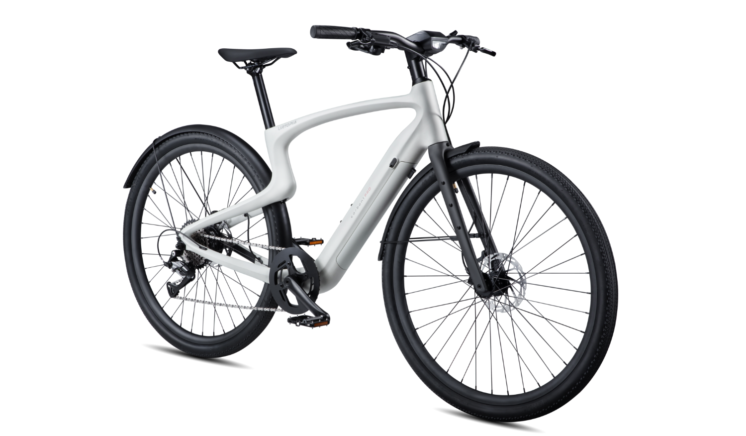 Rex E-Bikes Urtopia CARBON 1 PRO E-Bike in white, featuring sleek carbon frame, handlebars, and modern design.