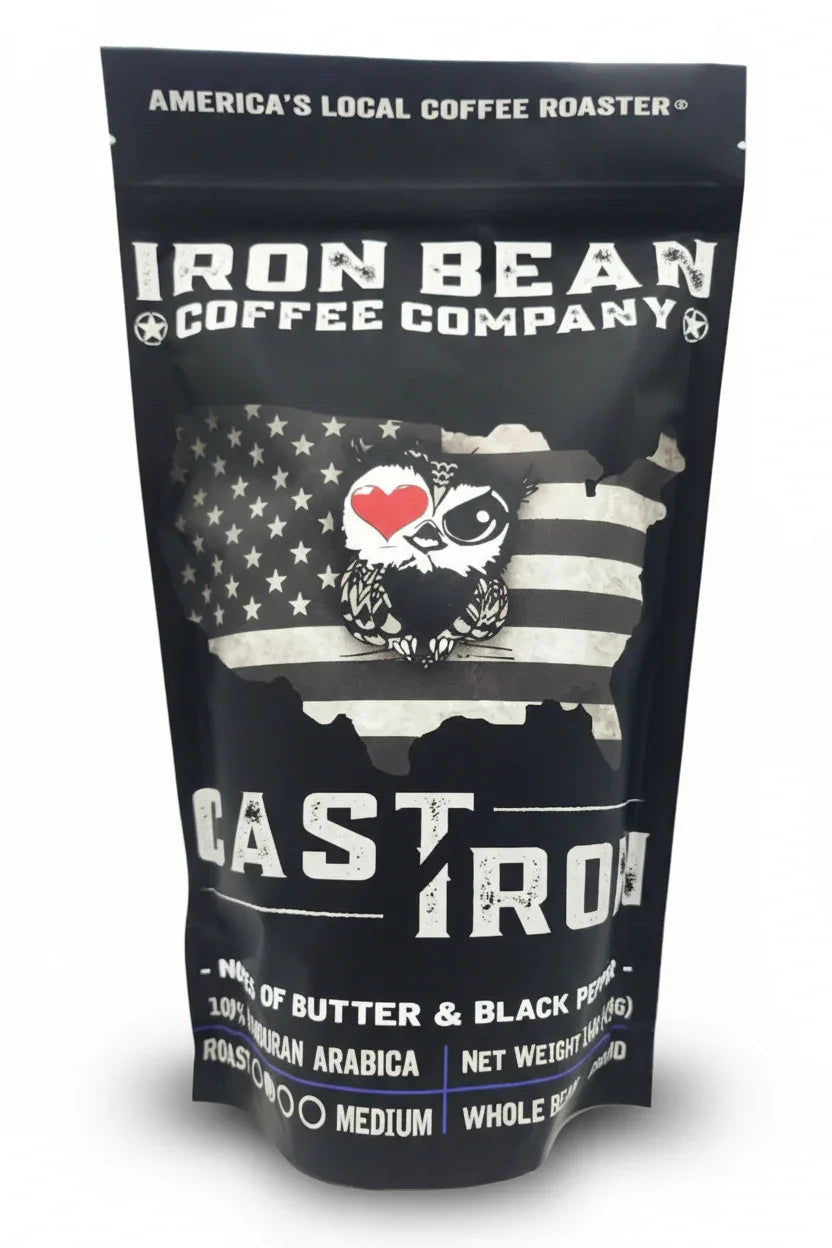 Cast Iron™ medium roast coffee by Iron Bean Coffee Company in a bag showcasing its rich, dark blend and robust aroma.