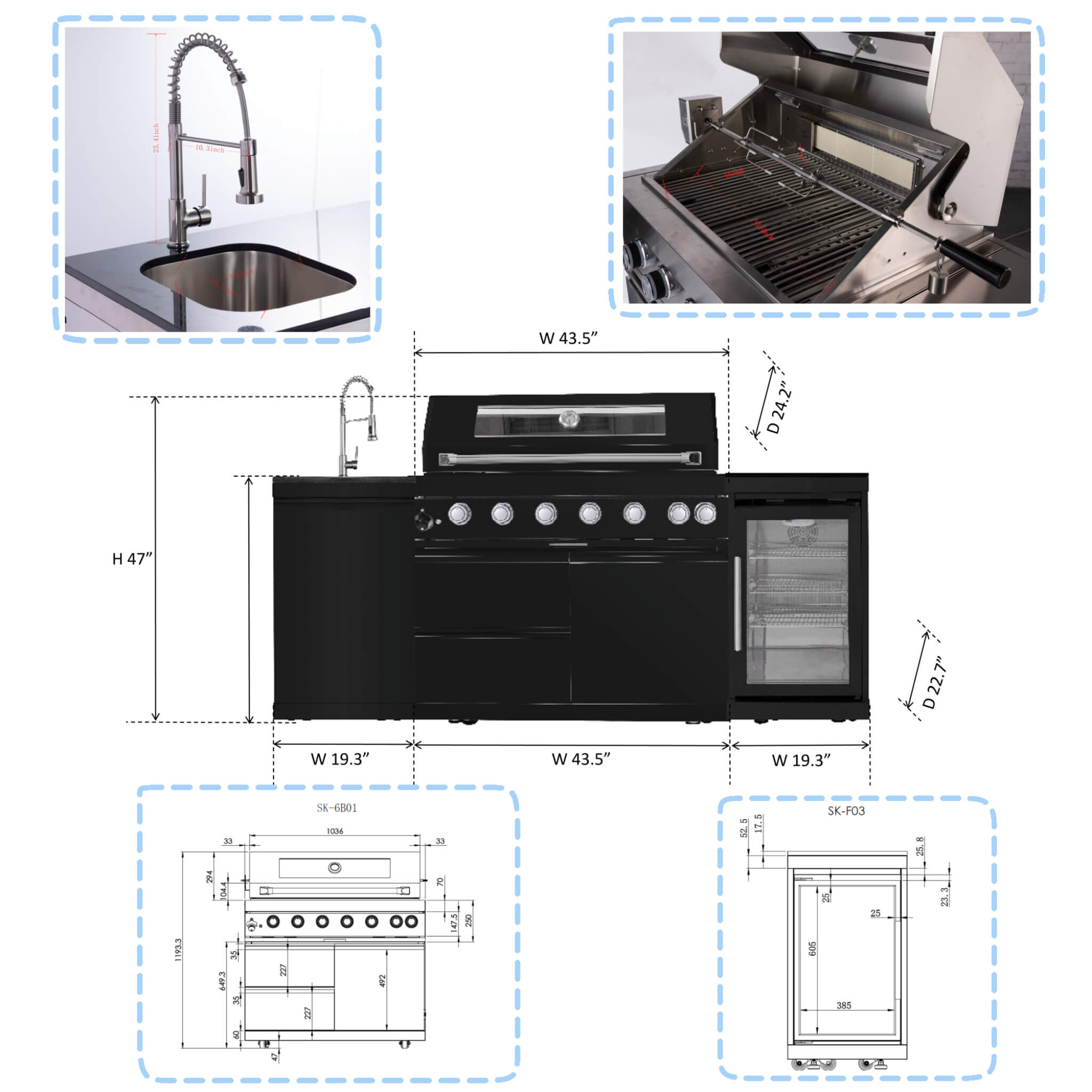 Outdoor kitchen island with 43-inch Castelle Flame Avalon grill, 6 burners, wine fridge, rotisserie, and sink for grilling and entertaining.