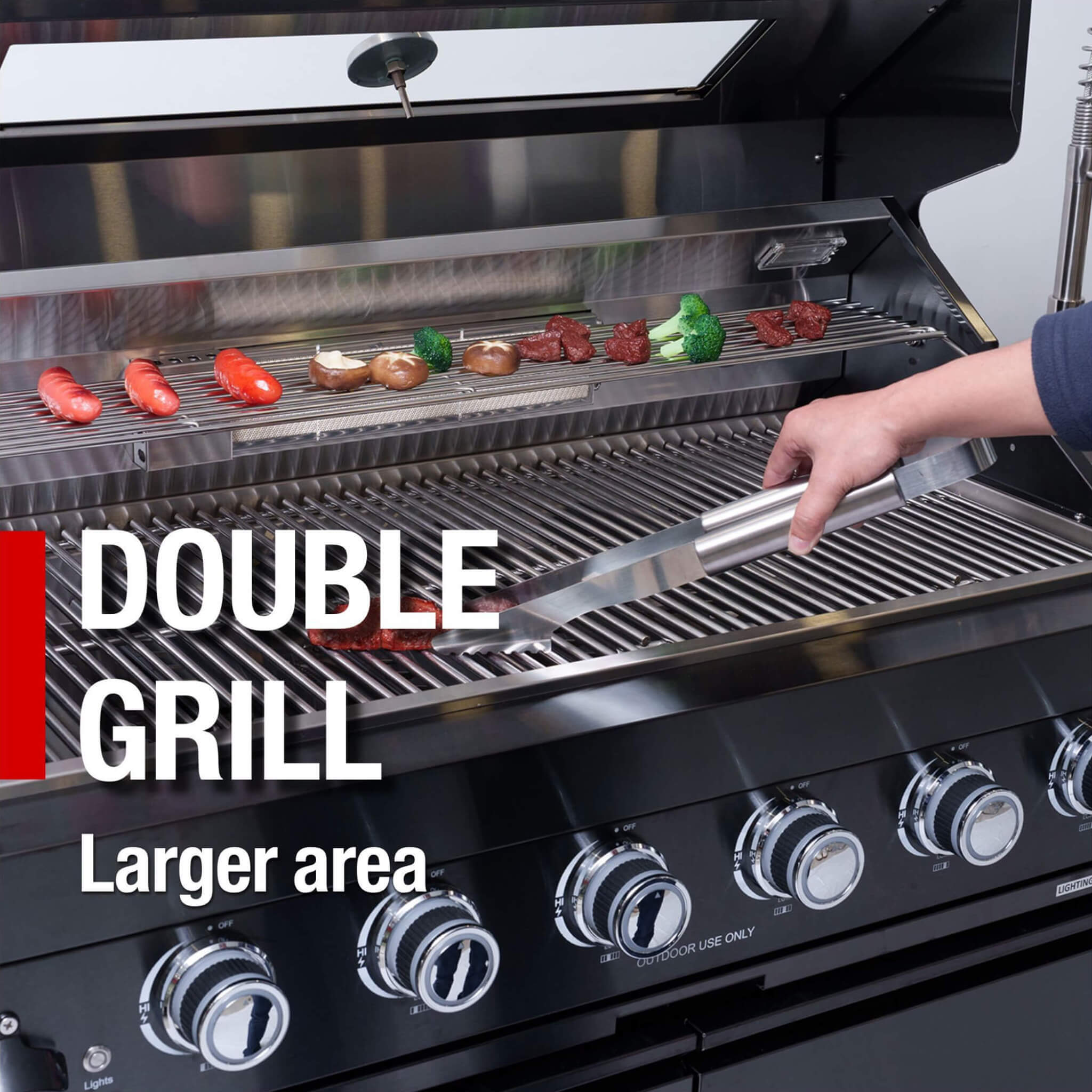 Castelle Flame Avalon 43-inch outdoor BBQ kitchen island with 6-burner grill, wine fridge, rotisserie, and sink, double grill view.