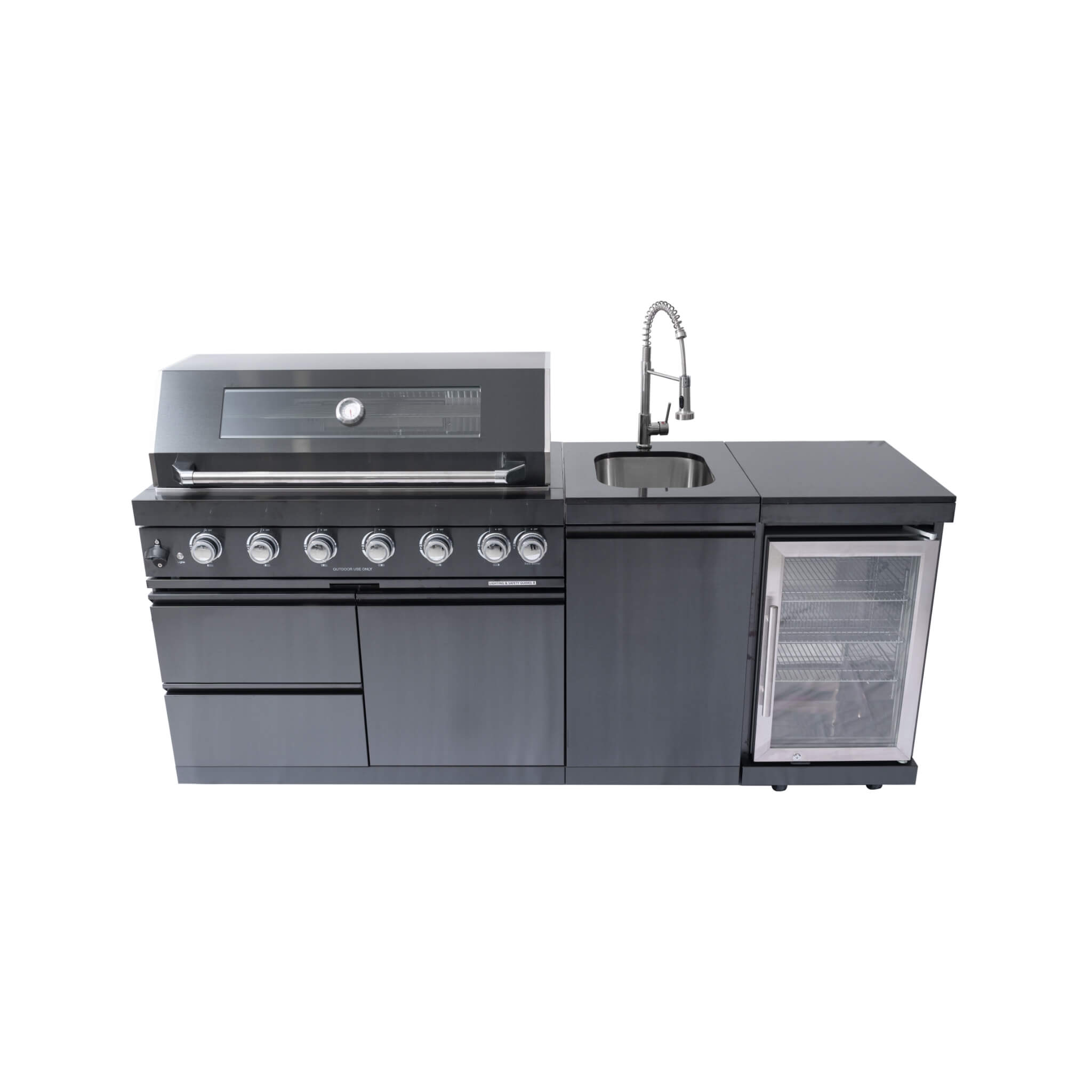 Front top view of SAKSBY WHOLESALE Castelle Flame Avalon 43-inch outdoor kitchen island with 6-burner grill, wine fridge, rotisserie, and sink.