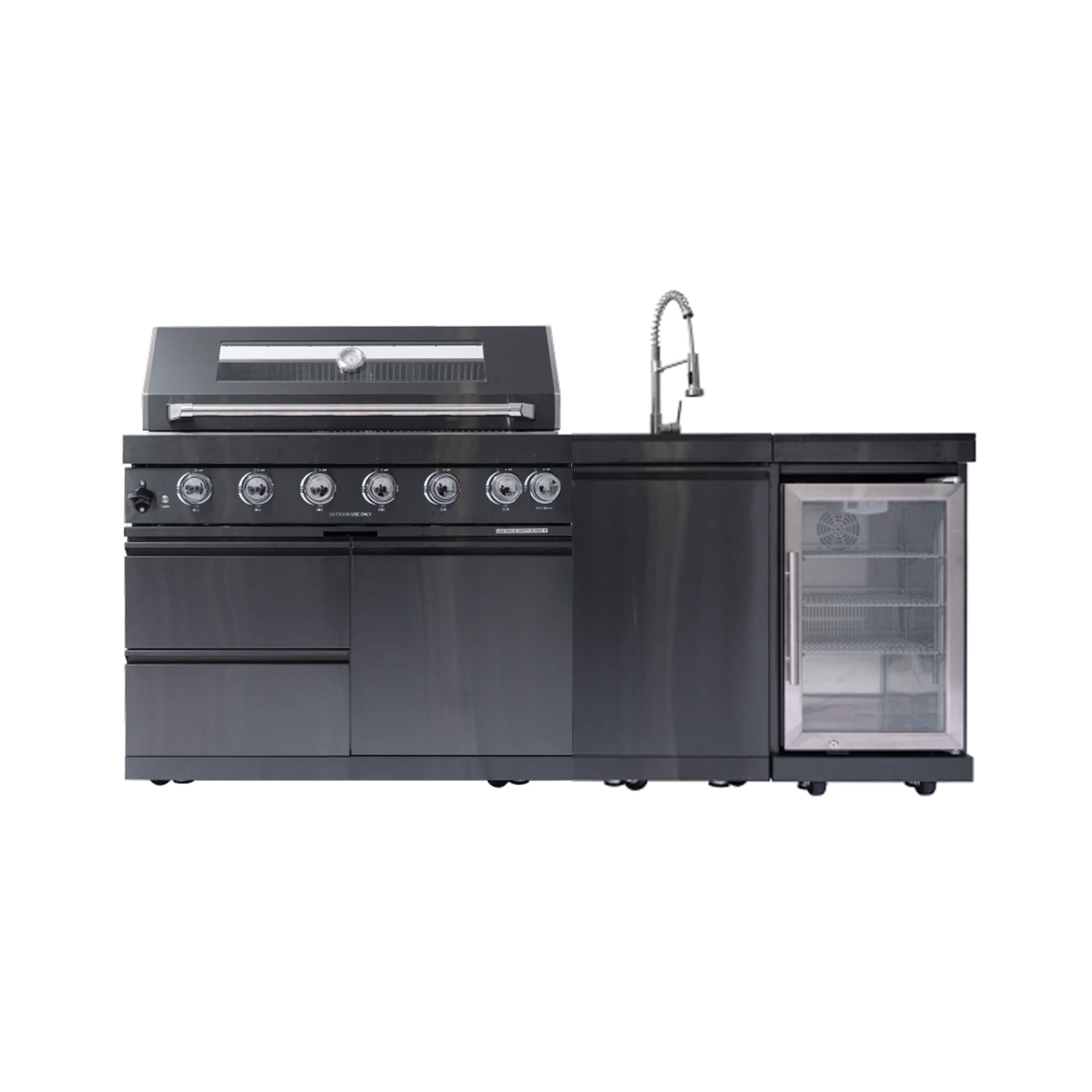 Castelle Flame Avalon outdoor kitchen island with 43-inch 6-burner grill, wine fridge, rotisserie, and sink, front view.