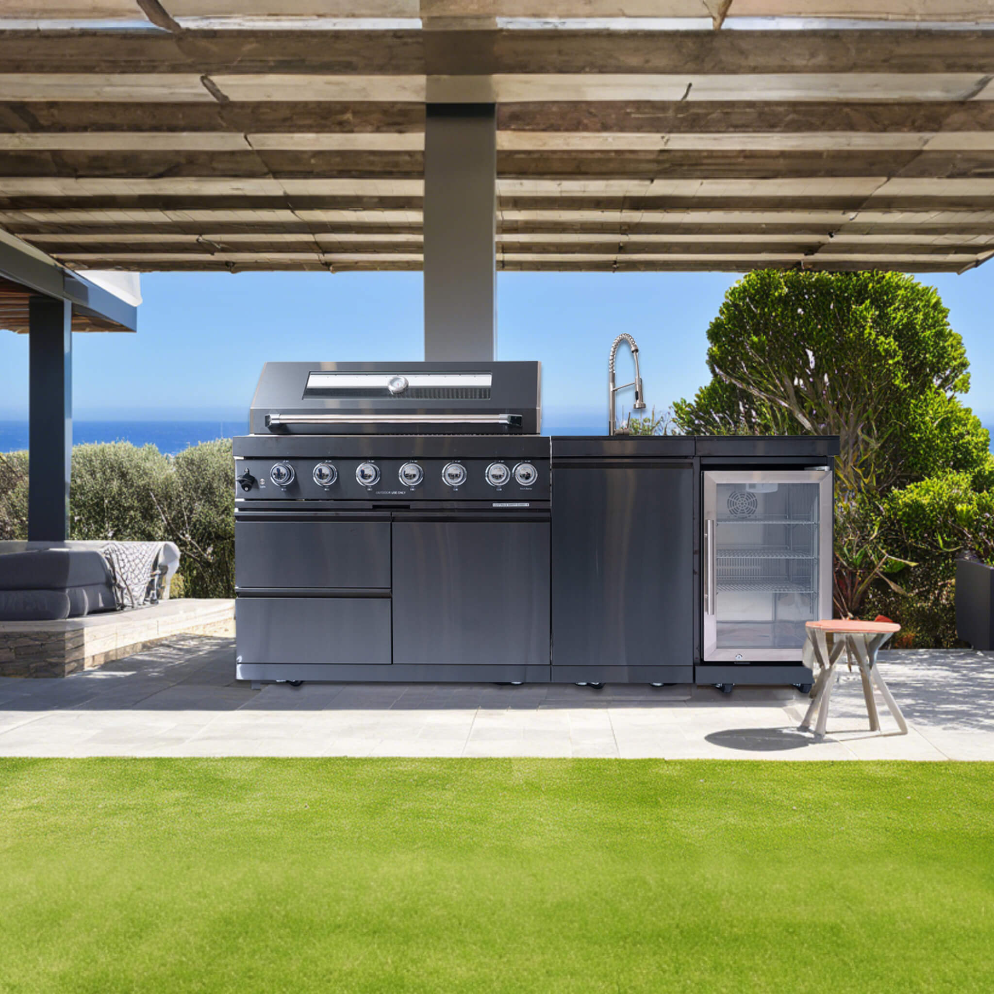 Castelle Flame 85K BTU Outdoor BBQ Kitchen Grill Island With 43-Inch 6-Burner Grill, Wine Fridge, Rotisserie Kit, And Sink (SAK23864) - We The Collective