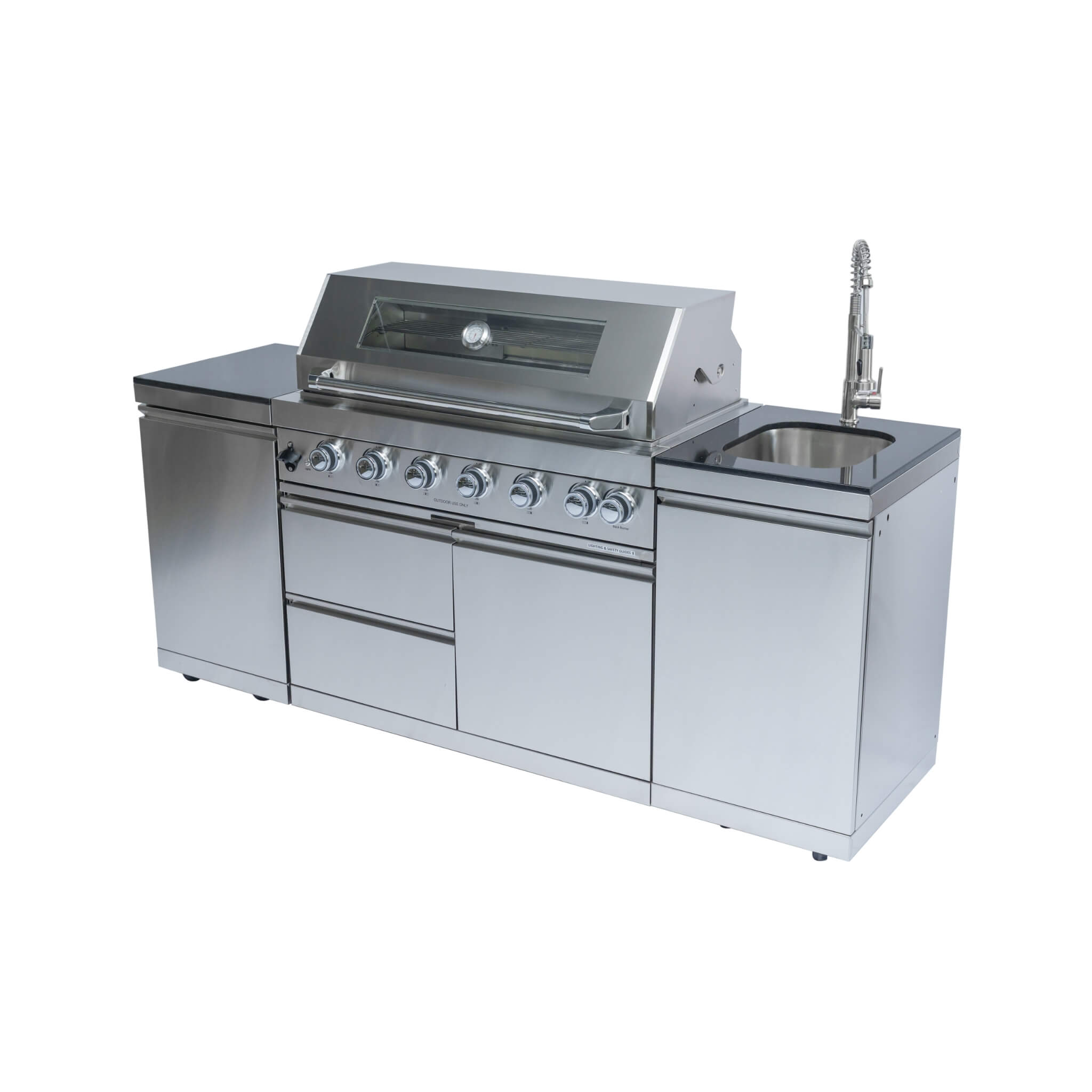 Castelle Flame Granite Outdoor BBQ Kitchen Island With 43-Inch 6-Burner Gas Grill, Rotisserie Kit, Cabinets, And Sink (SAK73518) - We The Collective