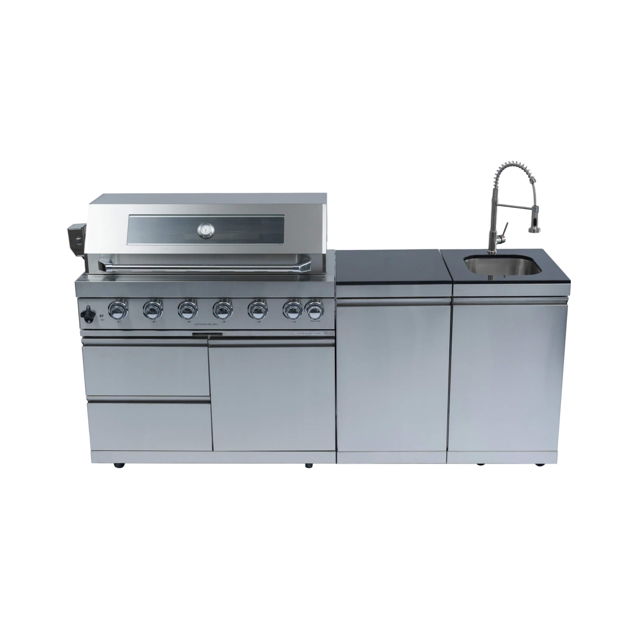 Castelle Flame Granite Outdoor BBQ Kitchen Island With 43-Inch 6-Burner Gas Grill, Rotisserie Kit, Cabinets, And Sink (SAK73518) - We The Collective