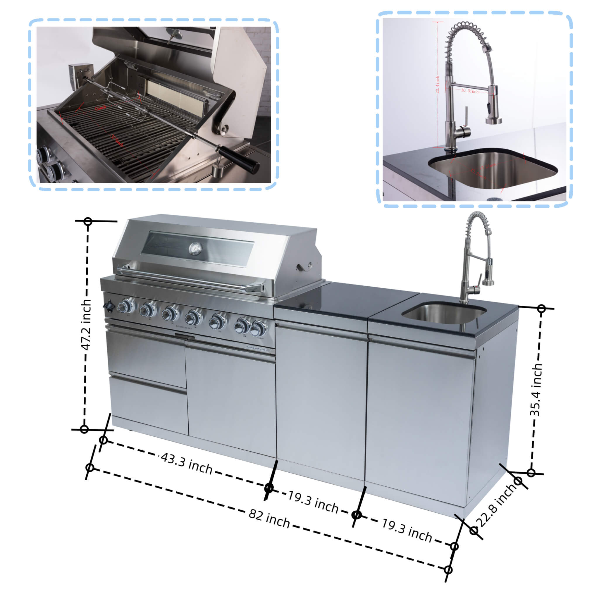 Castelle Flame Granite Outdoor BBQ Kitchen Island With 43-Inch 6-Burner Gas Grill, Rotisserie Kit, Cabinets, And Sink (SAK73518) - We The Collective