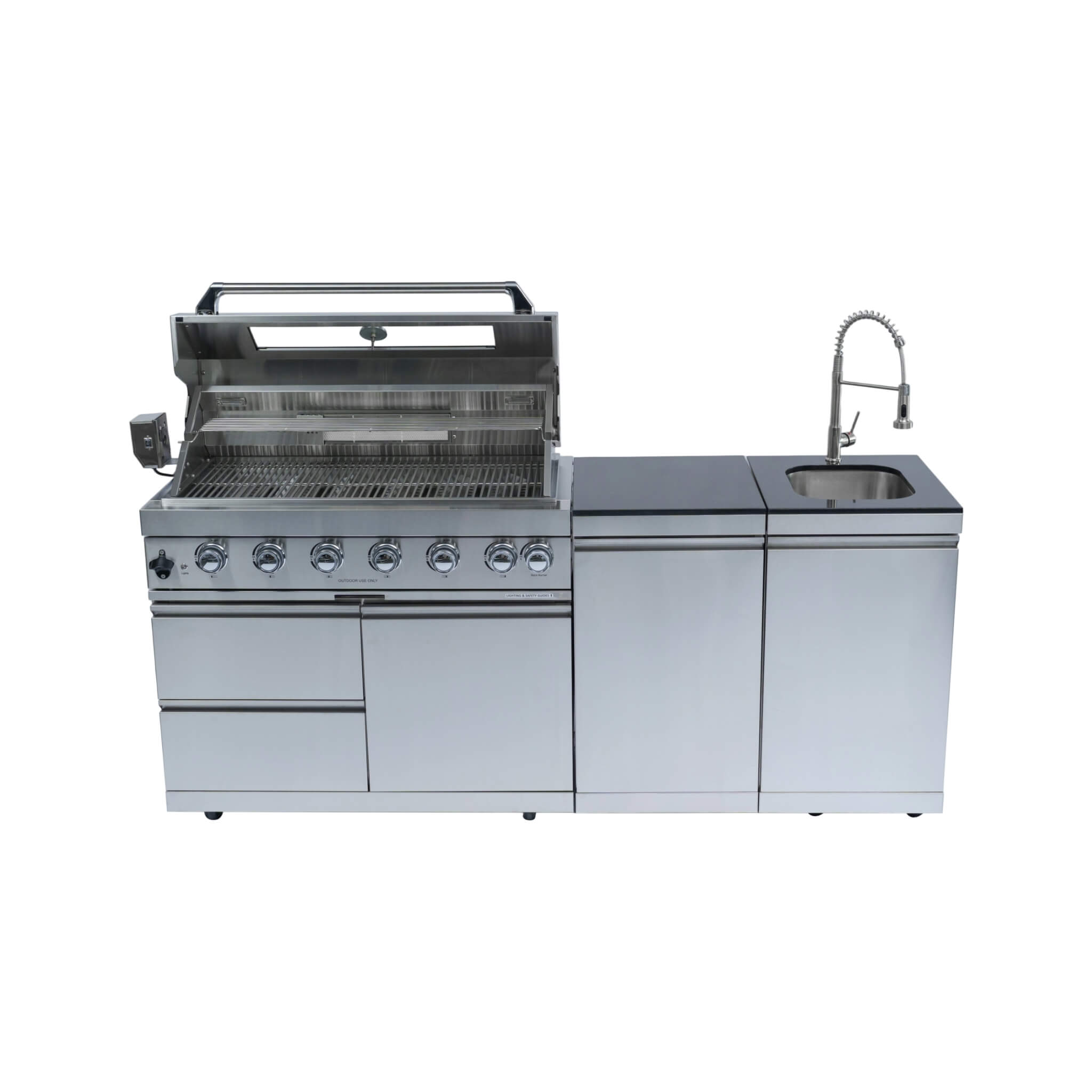Castelle Flame Granite Outdoor BBQ Kitchen Island With 43-Inch 6-Burner Gas Grill, Rotisserie Kit, Cabinets, And Sink (SAK73518) - We The Collective