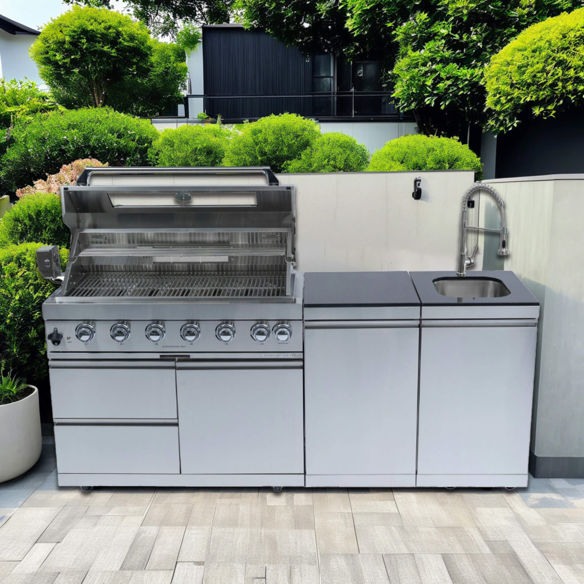Castelle Flame Granite Outdoor BBQ Kitchen Island With 43-Inch 6-Burner Gas Grill, Rotisserie Kit, Cabinets, And Sink (SAK73518) - We The Collective
