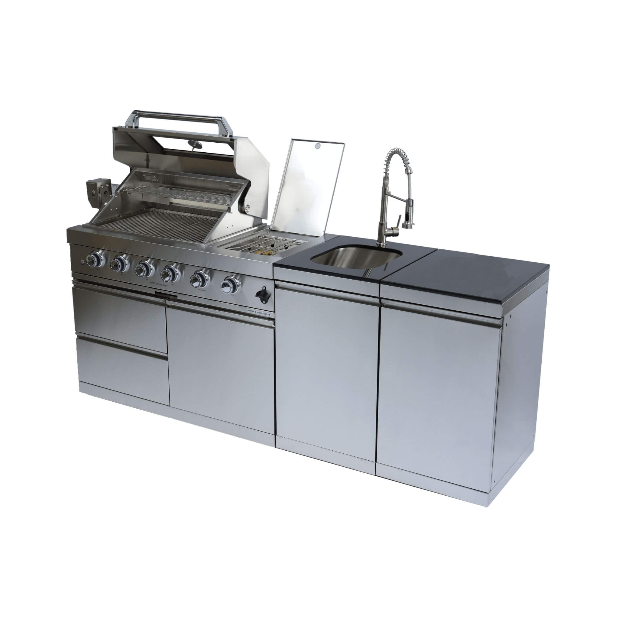 Castelle Flame Stainless Steel Outdoor BBQ Kitchen Island With 46-Inch 4-Burner 85K BTU Grill, Rotisserie Kit, And Cabinets (SAK93192) - We The Collective