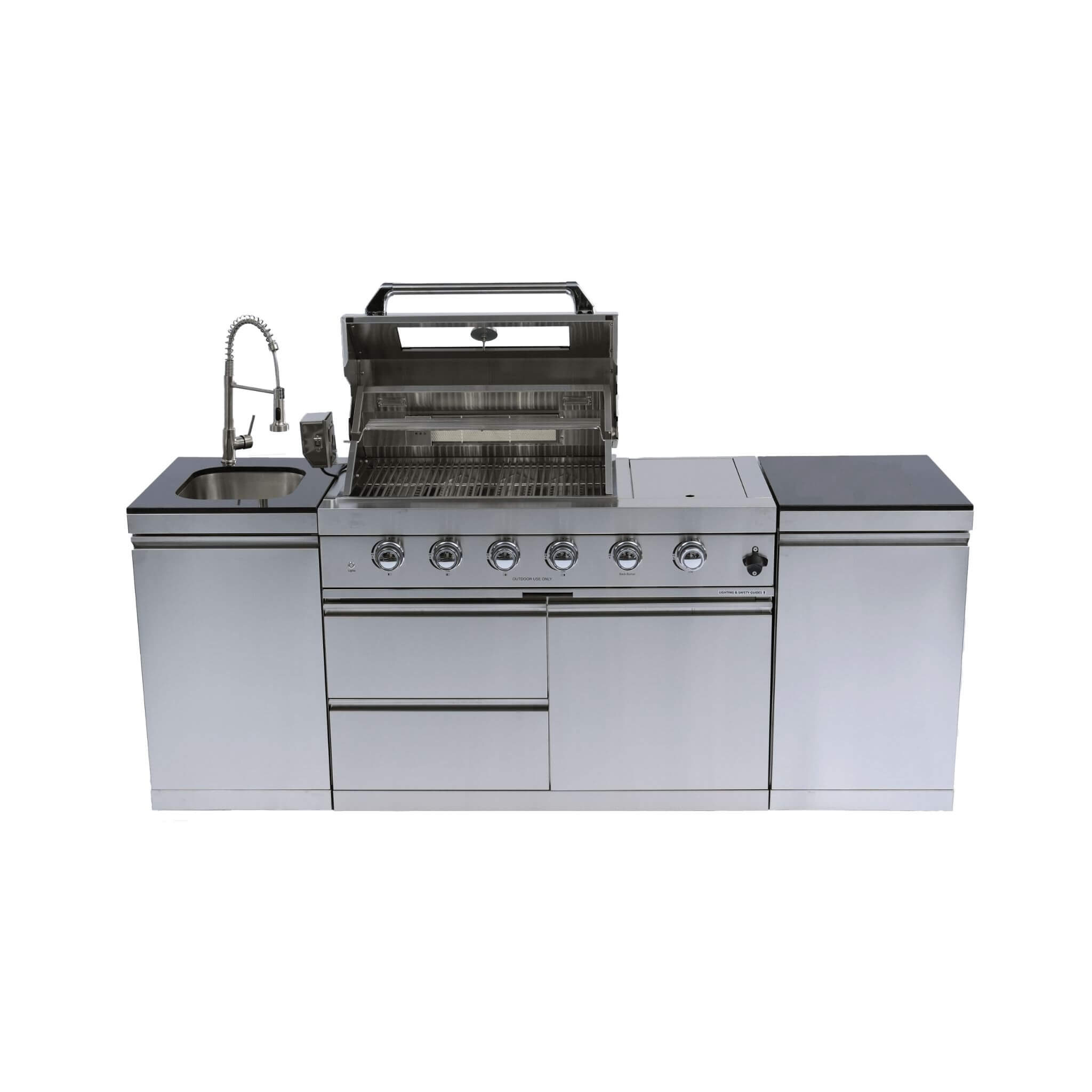 Castelle Flame Stainless Steel Outdoor BBQ Kitchen Island With 46-Inch 4-Burner 85K BTU Grill, Rotisserie Kit, And Cabinets (SAK93192) - We The Collective
