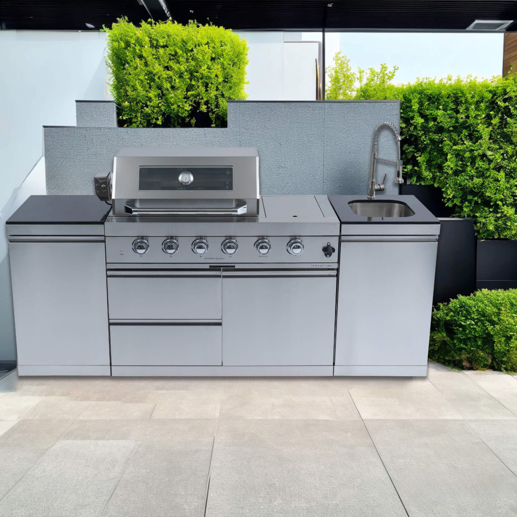 Castelle Flame Stainless Steel Outdoor BBQ Kitchen Island With 46-Inch 4-Burner 85K BTU Grill, Rotisserie Kit, And Cabinets (SAK93192) - We The Collective
