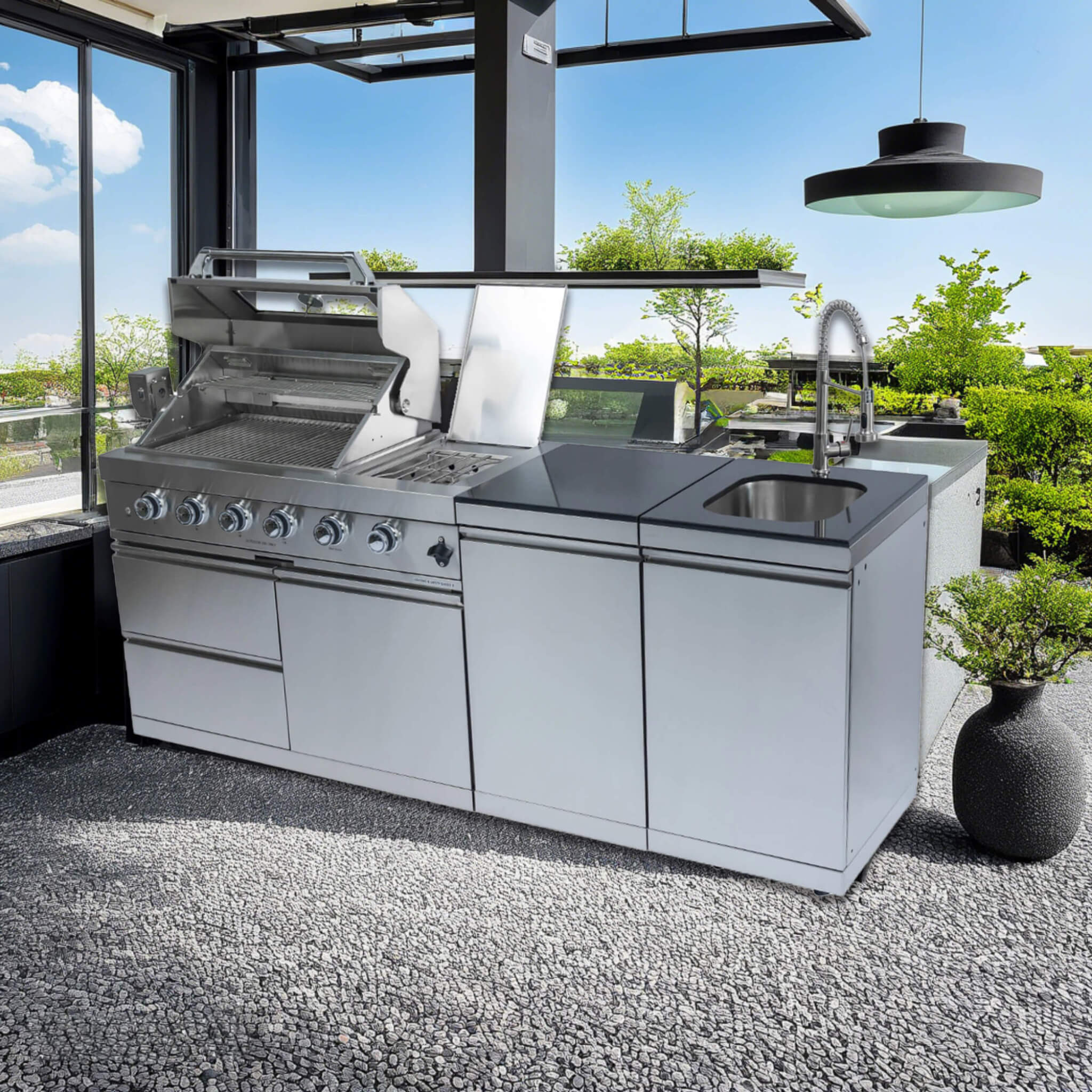 Castelle Flame Stainless Steel Outdoor BBQ Kitchen Island With 46-Inch 4-Burner 85K BTU Grill, Rotisserie Kit, And Cabinets (SAK93192) - We The Collective