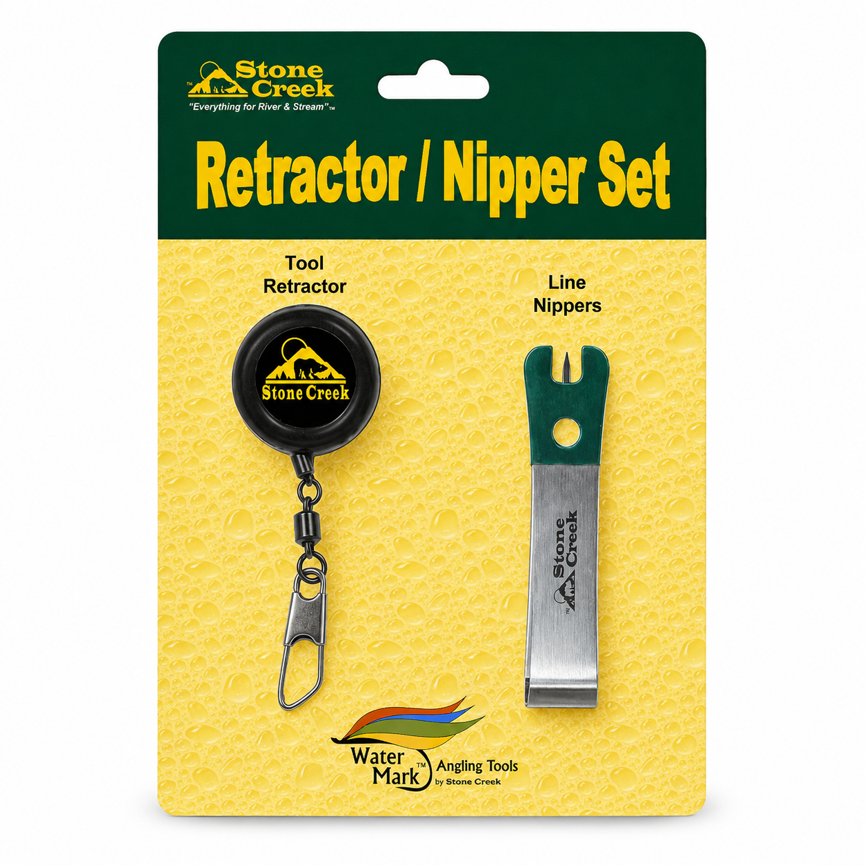 Stone Creek Outfitters retractor and nipper set with pliers and tools for fishing or outdoor use displayed on a white background.