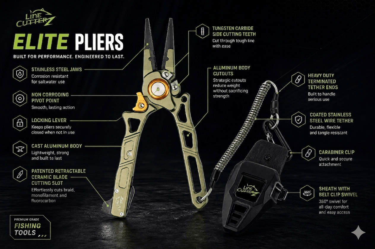 Line Cutterz Elite Pliers cutter tool with ergonomic handles and sharp blades for precise fishing line cutting.