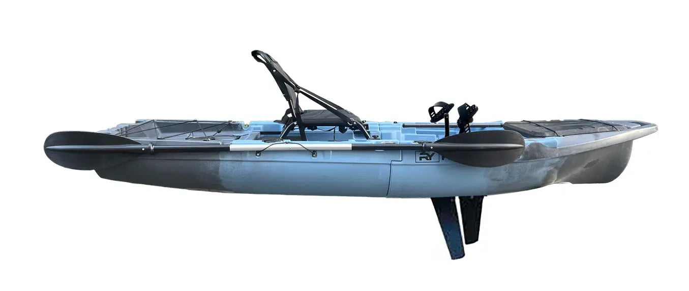 ReelYaks 10ft Recon Modular Fin Drive Pedal Fishing Kayak with 430lbs capacity, featuring a two-piece design and adjustable pedals.