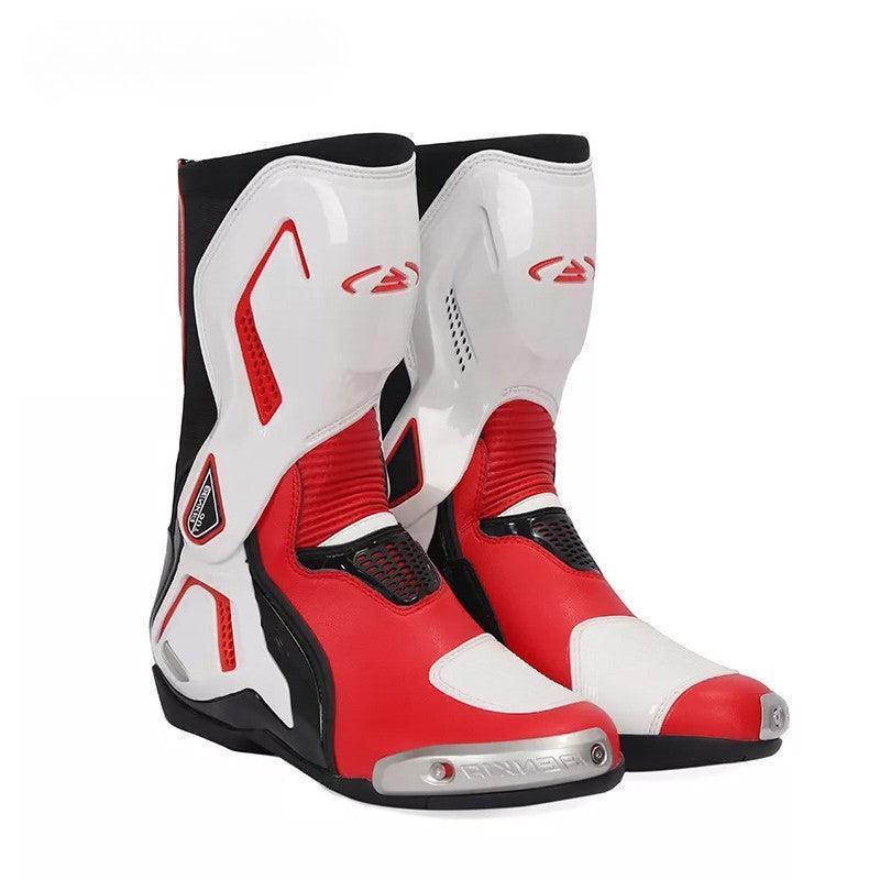 Bean's Moto Booth BENKIA™ titanium alloy motorcycle riding boots with reinforced soles and secure ankle support.