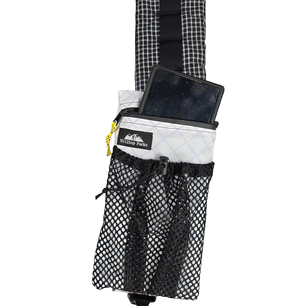 Hilltop Packs cell phone shoulder pouch with strap mount, featuring a zipper and durable fabric for secure storage.