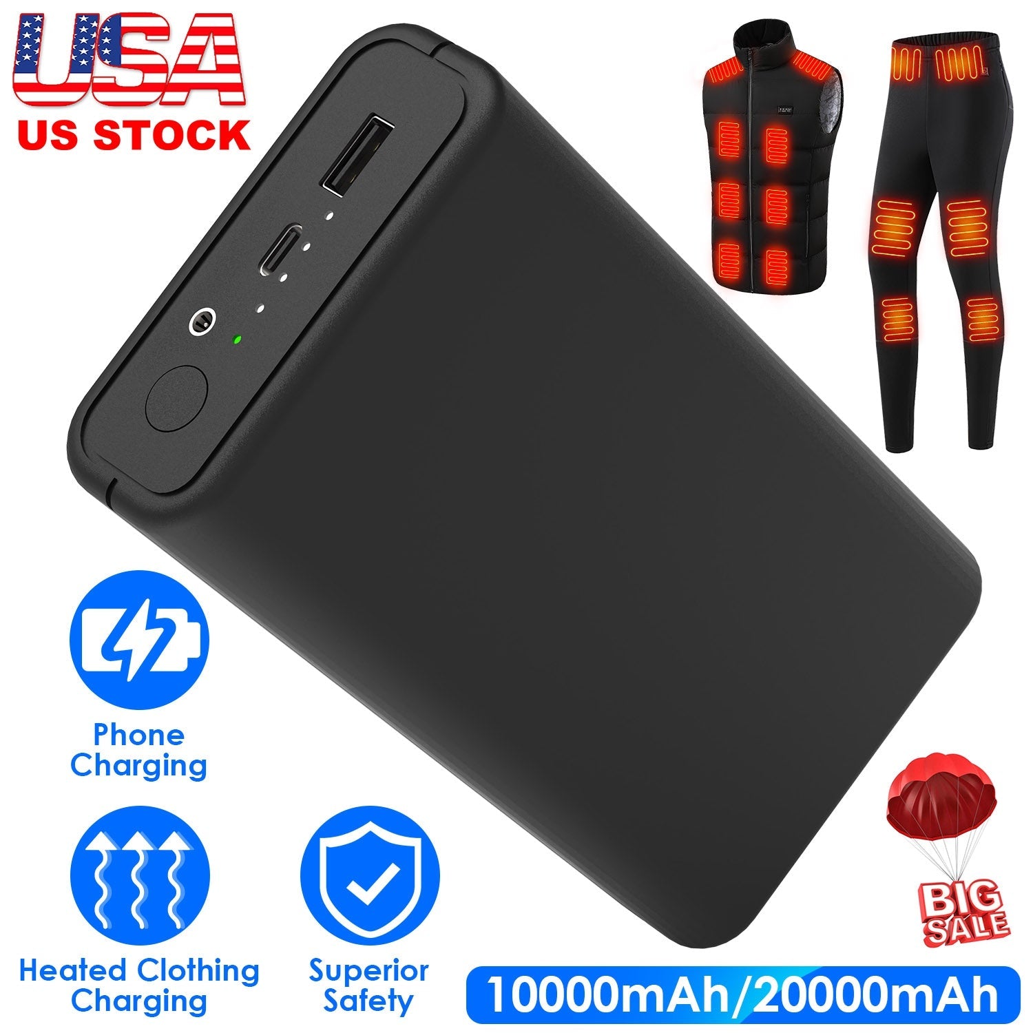 20000mAh 5V 2A Power Bank for Heated Jackets Vests Pants Gloves Scarves DC 7.4V 2A Heated Clothing Replacement Battery Pack for Men Women - OVERLANDERS Outfitter