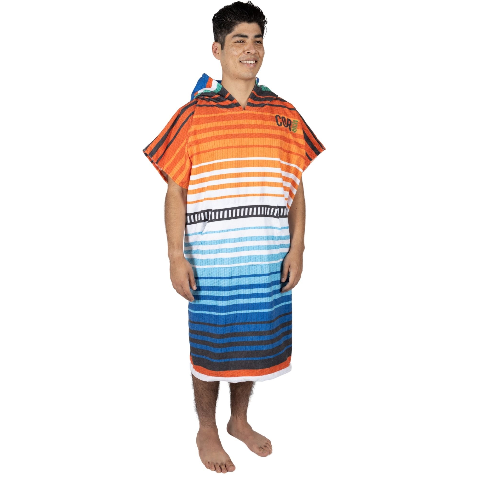 Large adult COR Surf changing towel poncho in colorful sarape style, perfect for surfers and beachgoers.
