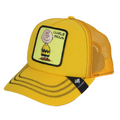 Yellow Peter Grimm Peanuts Charlie Cap trucker hat with mesh back and adjustable strap, featuring Peanuts character design.