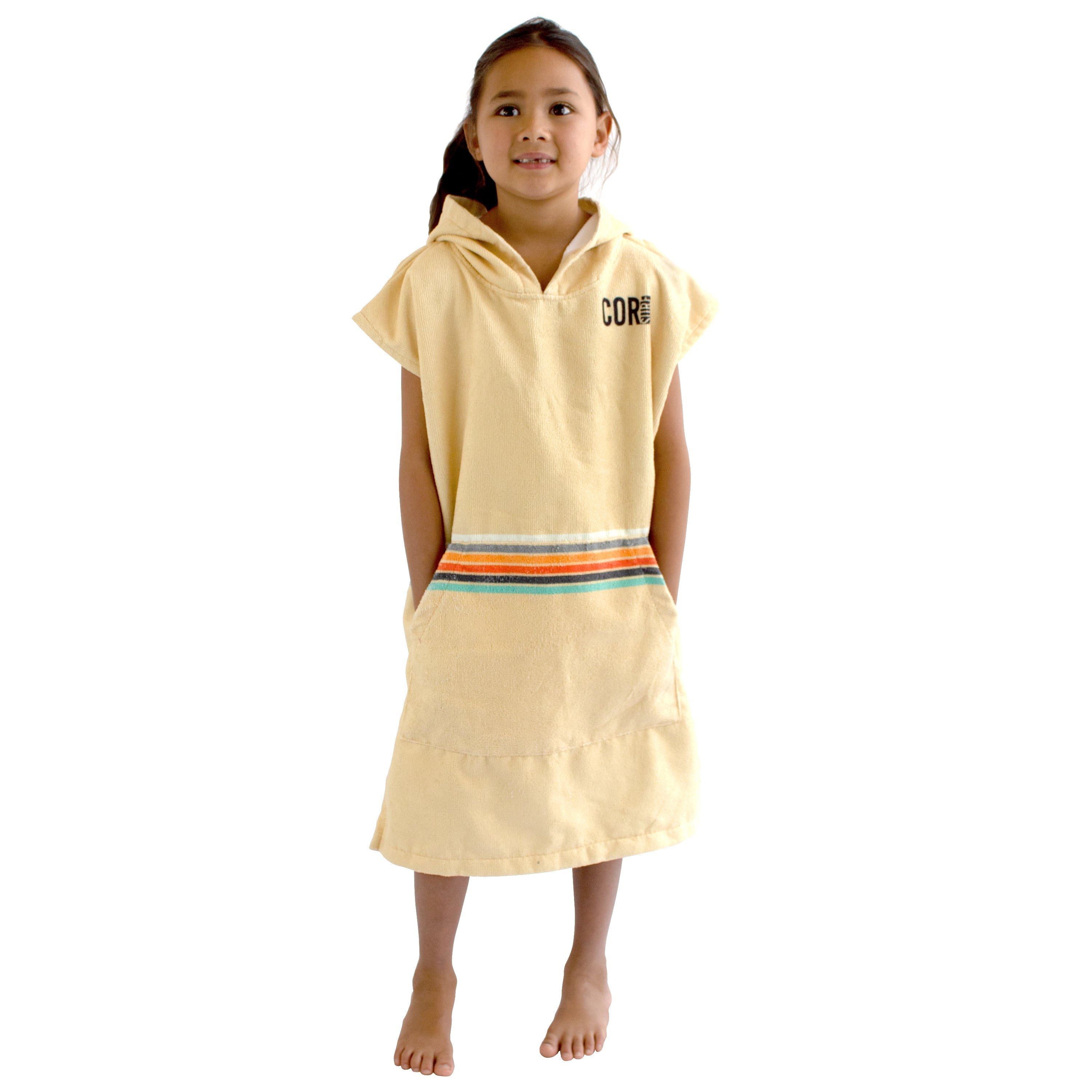 Kids Retro Sand Changing Towel Poncho by COR Surf, small size, featuring colorful retro design, perfect for beach and pool use.