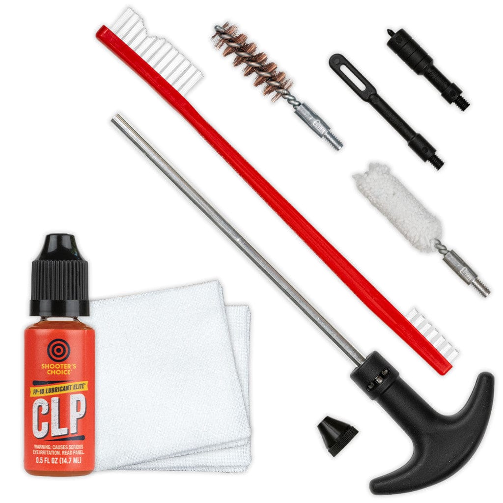 SFT2 Tactical pistol caliber cleaning kit with brushes, rods, and patches on a white background.