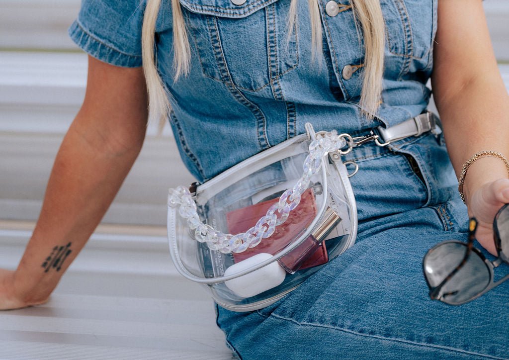 Margo Paige Clear Belt Bag, stylish transparent handbag with adjustable belt strap and spacious interior for essentials.