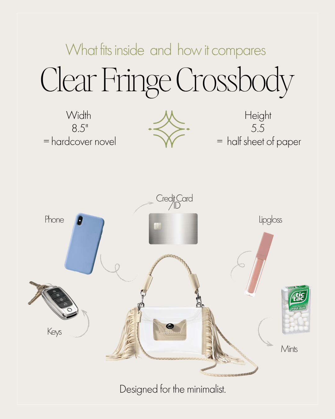 Clear fringe crossbody handbag by Margo Paige featuring a transparent body with decorative fringe accents.