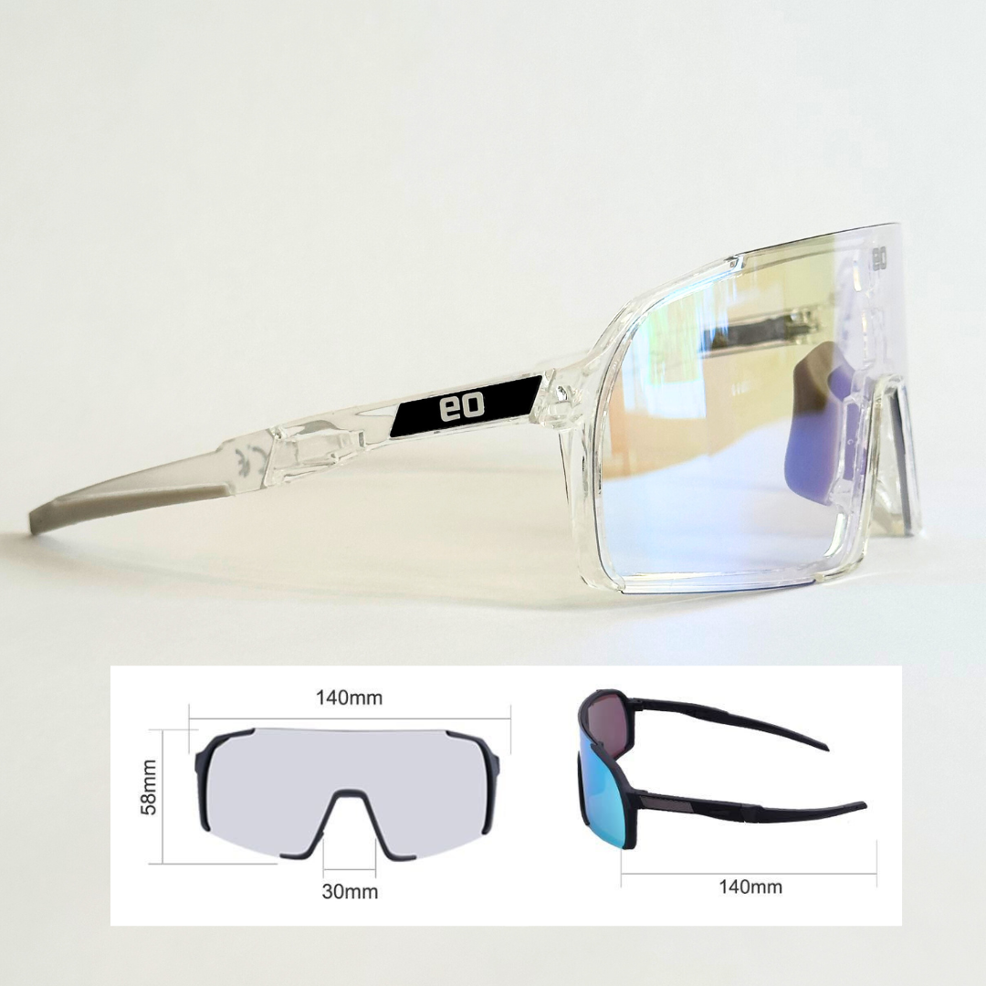 Eastern Outer Uno Mas Photochromic+ sunglasses with clear lenses and profile view, showing their sleek design and lightweight frame.