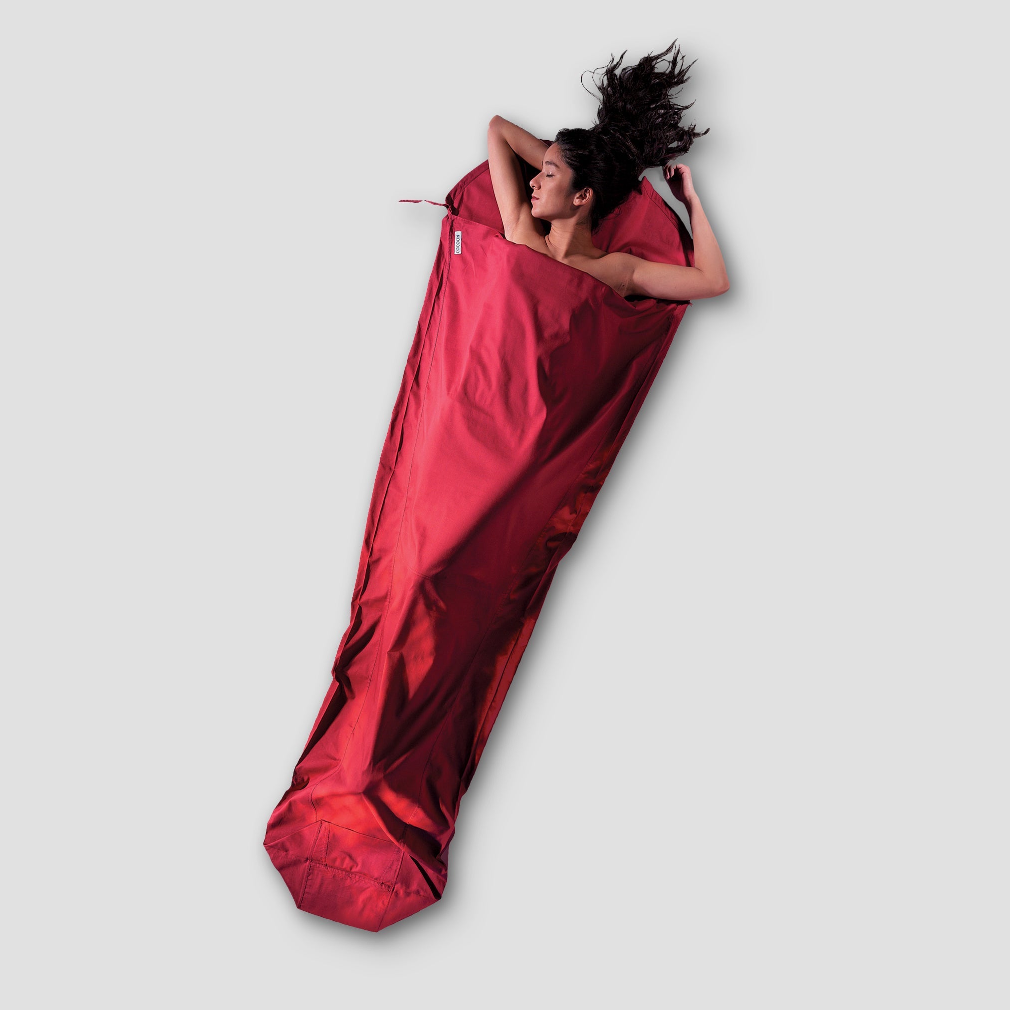 COCOON MummyLiner™ Cotton fabric, soft and lightweight for comfortable use, shown with close-up of cotton material and stitching.