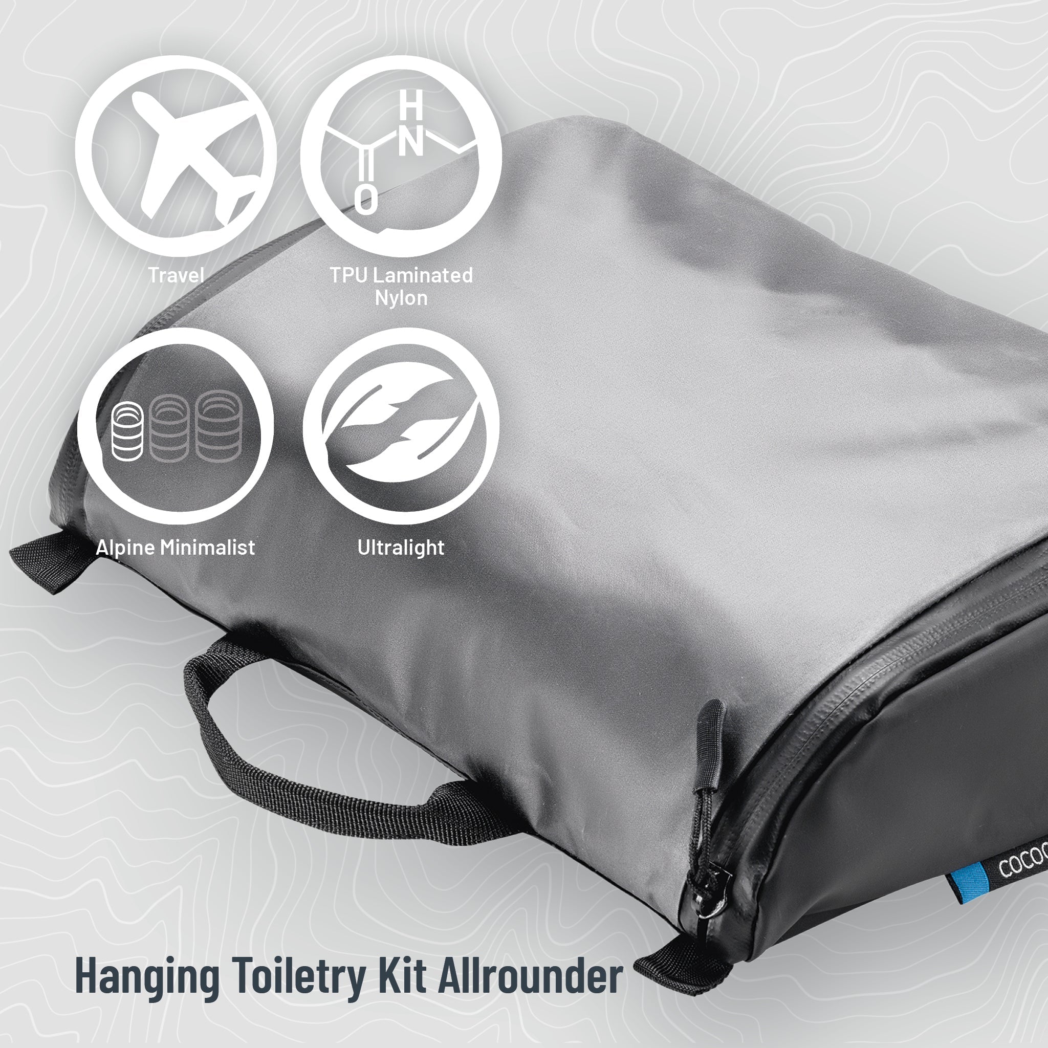 COCOON Allrounder Hanging Toiletry Kit with multiple compartments for travel and organization, shown hanging with toiletries inside.