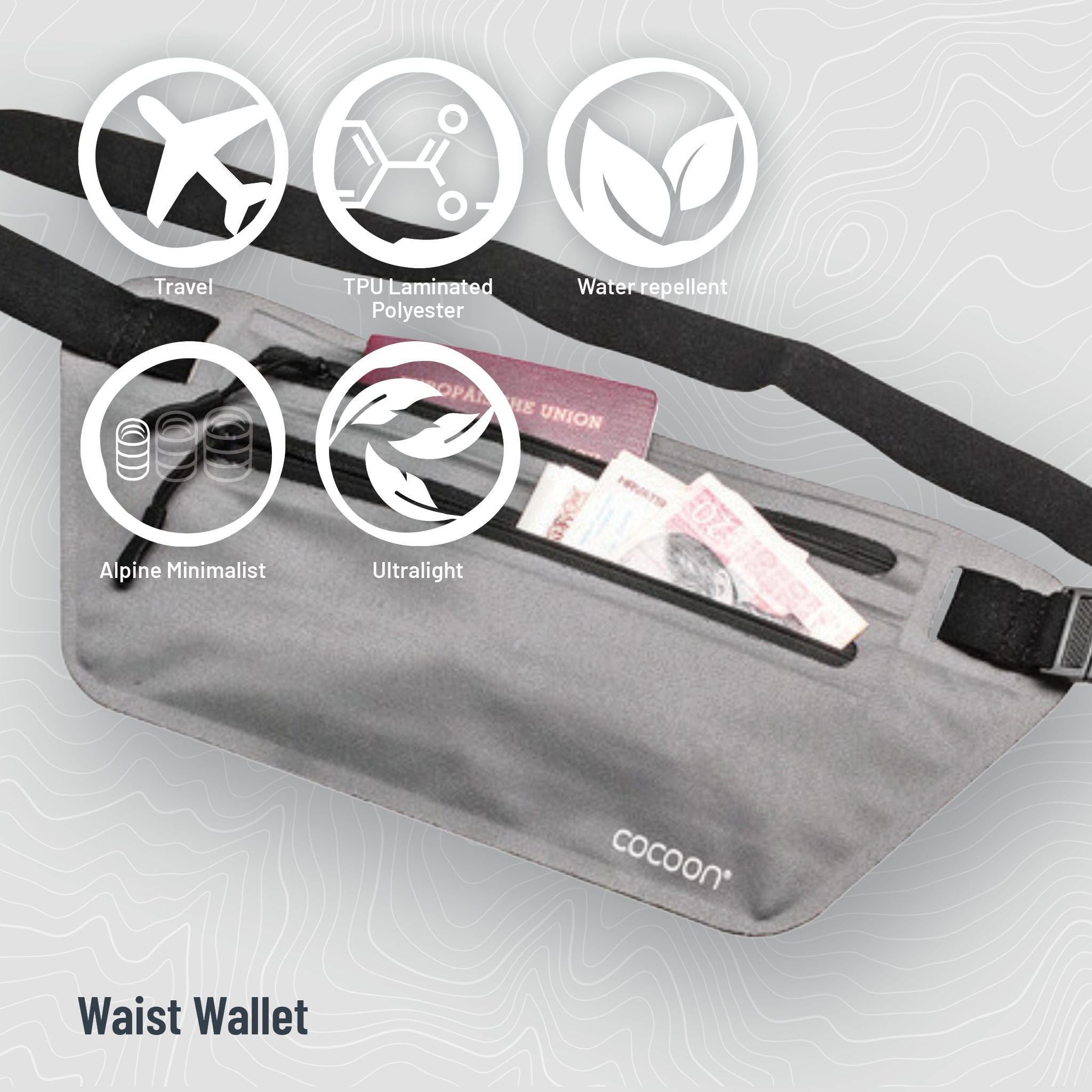 Cocoon RFID secret waist wallet with secure compartment, black fabric, designed for discreet personal card and cash storage.
