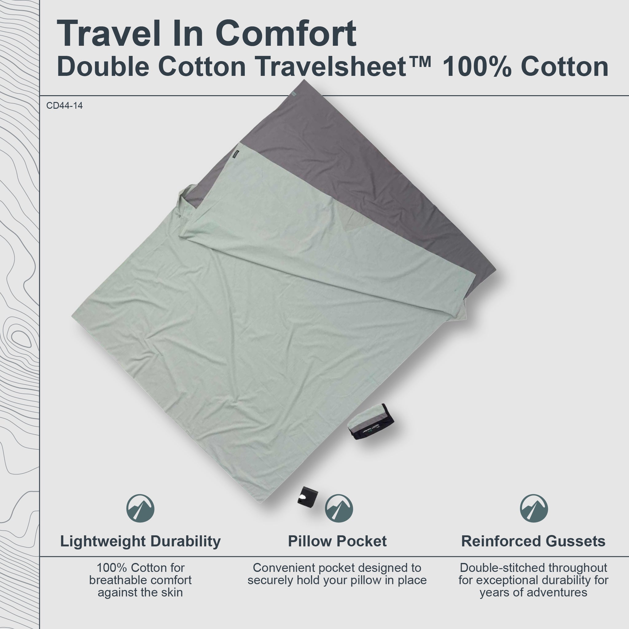 Double size Cotton TravelSheet™ by COCOON, showing soft, lightweight fabric and compact design for comfortable travel sleep.