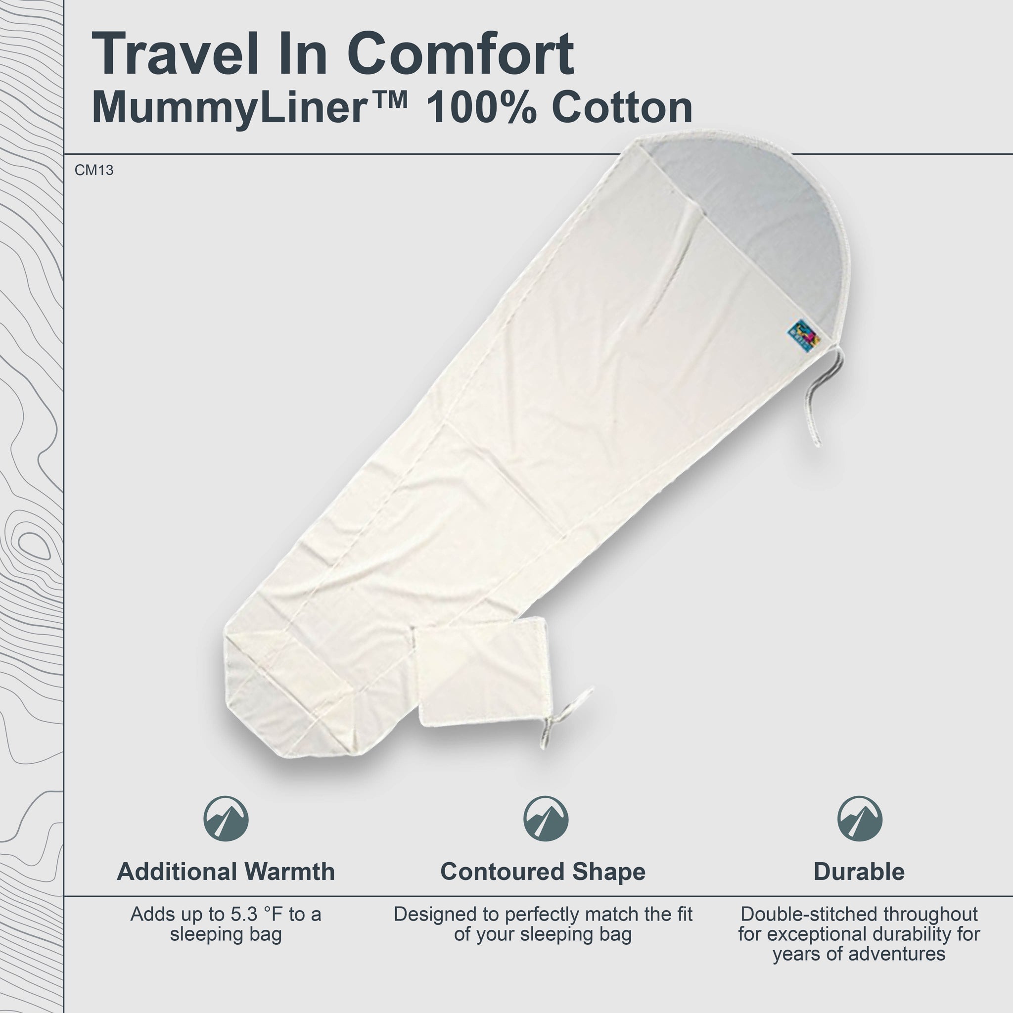 Cotton MummyLiner™ by COCOON, soft breathable cotton sleep liner with mummy shape for added comfort and warmth.